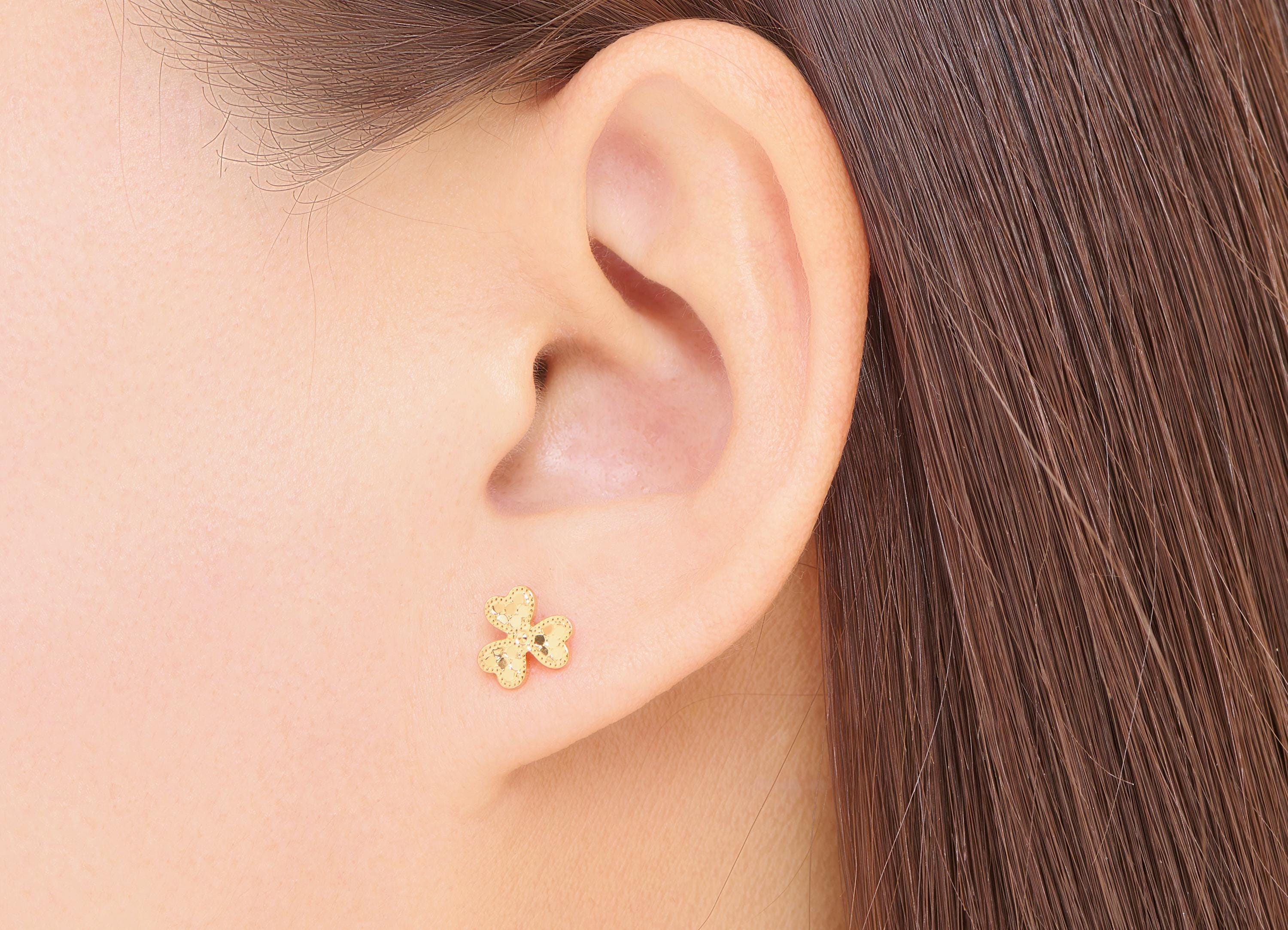 Brass Shamrock Earring Stud - Sparkling Gold Lucky Flower Post - Elegant Jewelry - 18K Real Gold Plated Brass - 8.27x8.35x0.8mm - RGP10765 - DOMEDBAZAAR