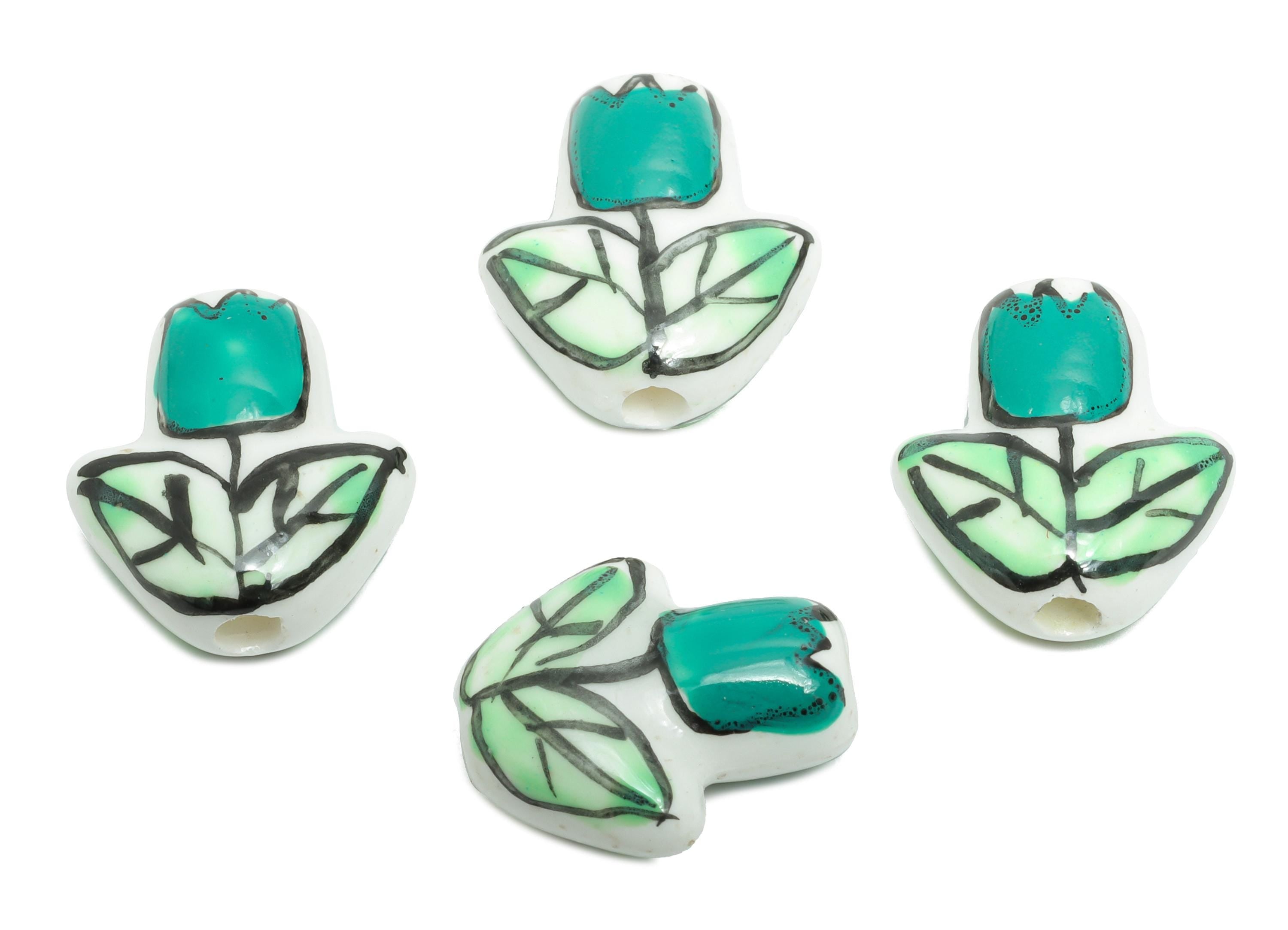 Ceramic Floral Beads - Craft Beads for Necklace or Bracelet - Green Tulip Handmade Beads - Textured Making Supplies - 16x14x6.94mm - NS2855D - DOMEDBAZAAR