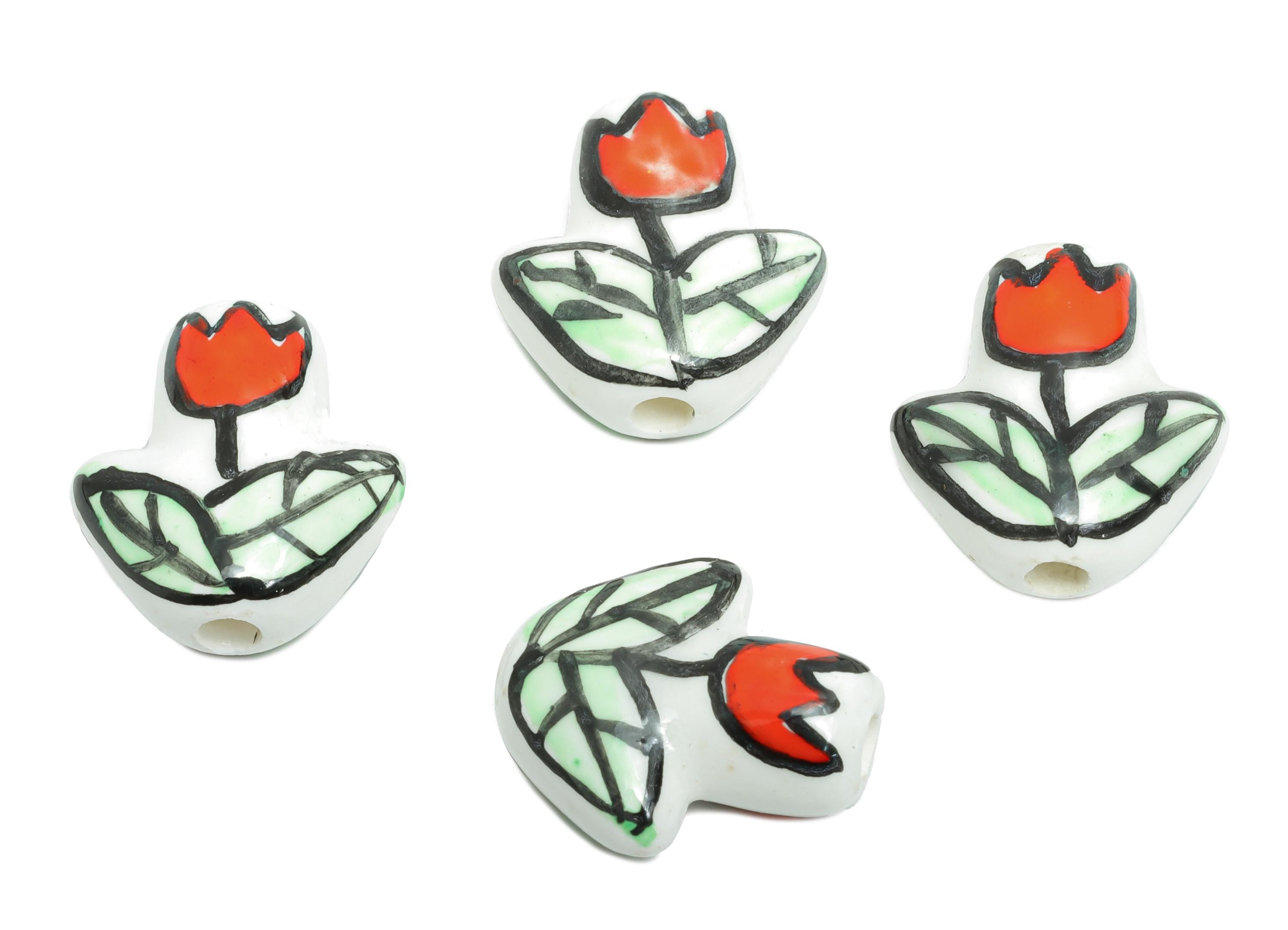 Ceramic Floral Beads - Craft Beads for Necklace or Bracelet - Red Tulip Handmade Beads - Handmade Textured Making - 16.12x14x7mm - NS2855C - DOMEDBAZAAR