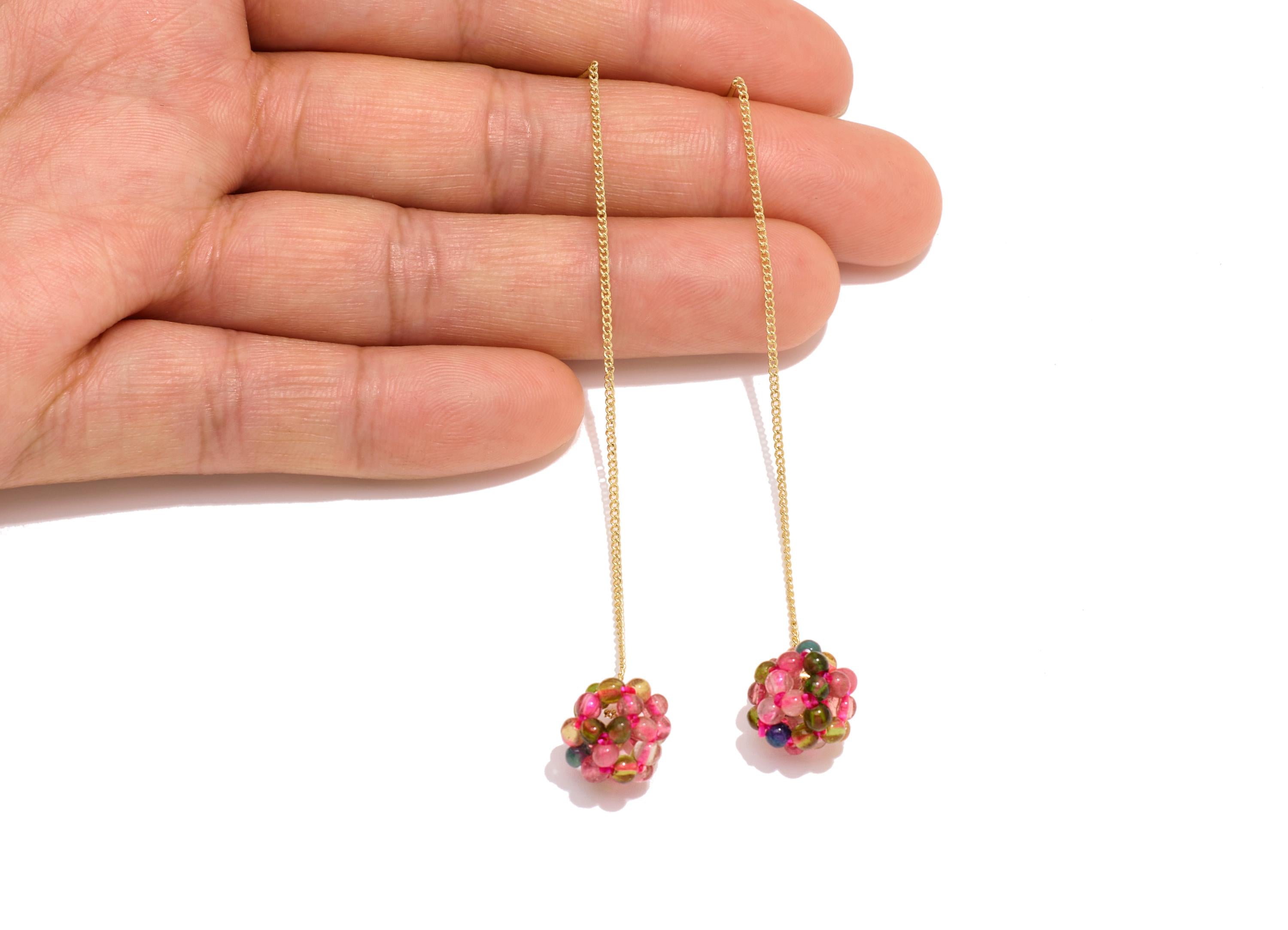 Brass Dangle Tassel Beaded Wire - Threader Chain Earring Wire - Cluster Tourmaline Beaded Ear Wire - 18K Gold Plated - 95x10x9mm - RGP10739G - DOMEDBAZAAR