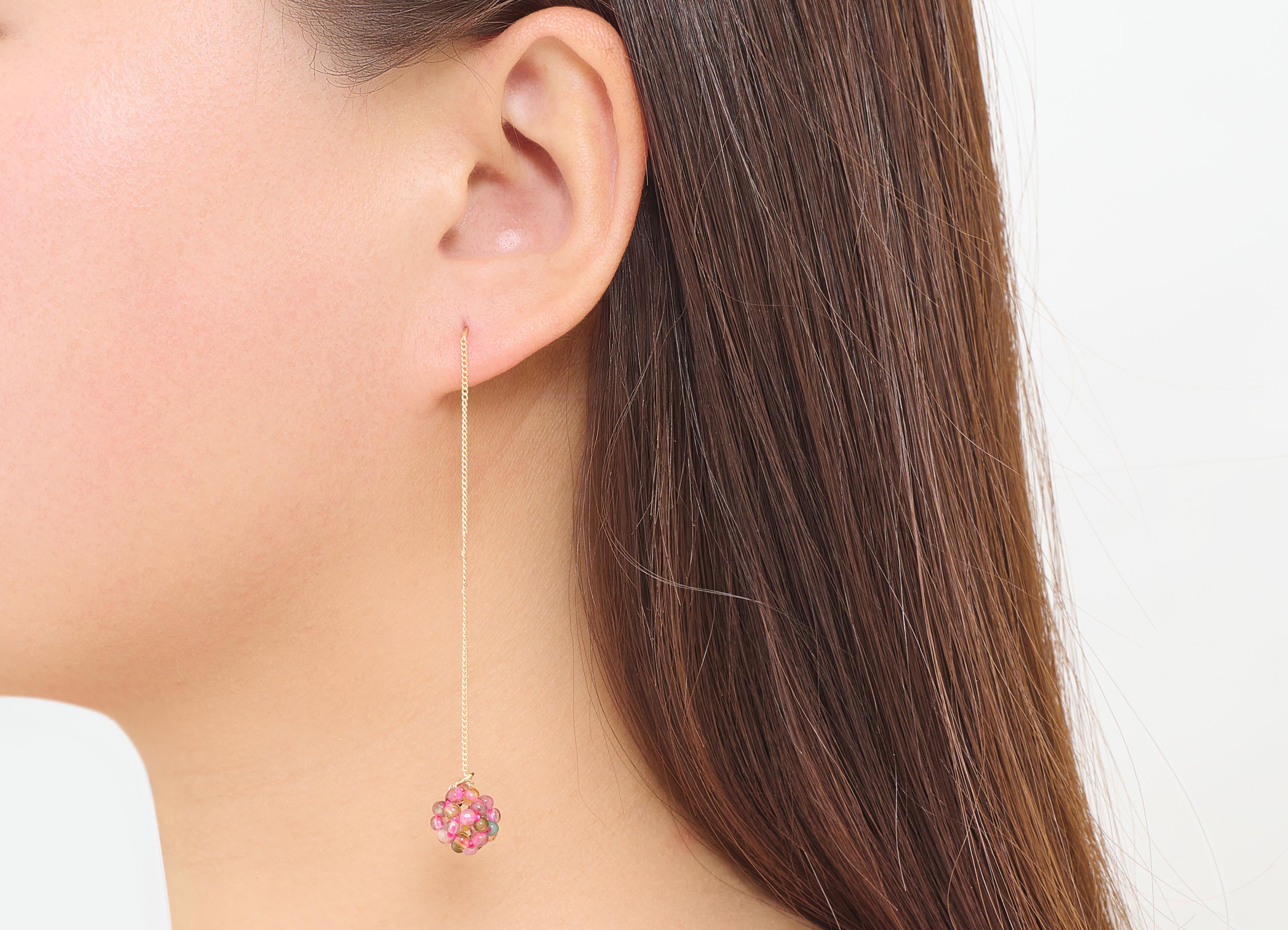 Brass Dangle Tassel Beaded Wire - Threader Chain Earring Wire - Cluster Tourmaline Beaded Ear Wire - 18K Gold Plated - 95x10x9mm - RGP10739G - DOMEDBAZAAR