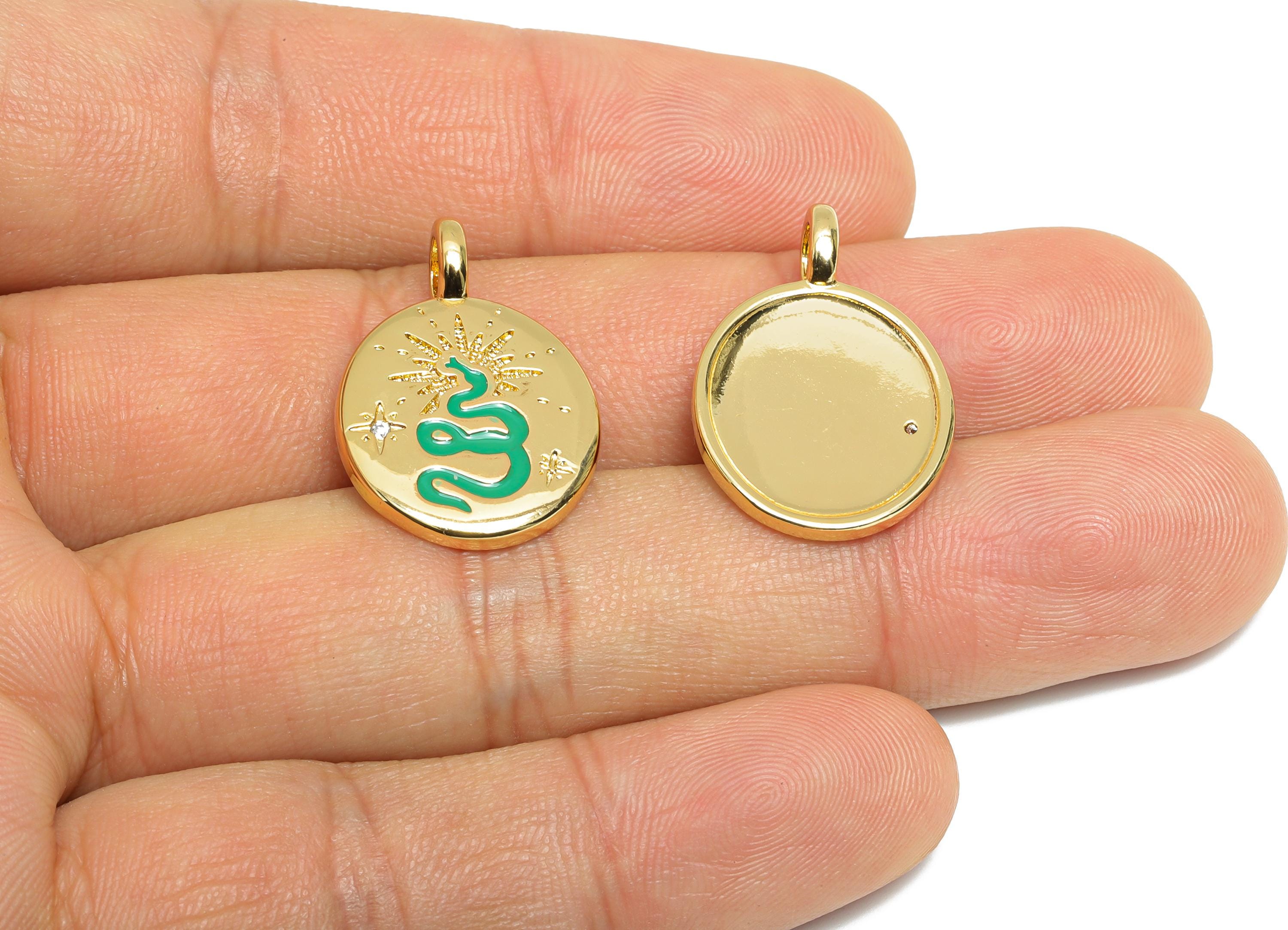 Snake Enamel Oval Pendant - Brass Symbol of Protection Jewelry - Zircon Vintage Snake Pendant - 18K Real Gold Plating - 25x16x2mm - RGP9709 - DOMEDBAZAAR