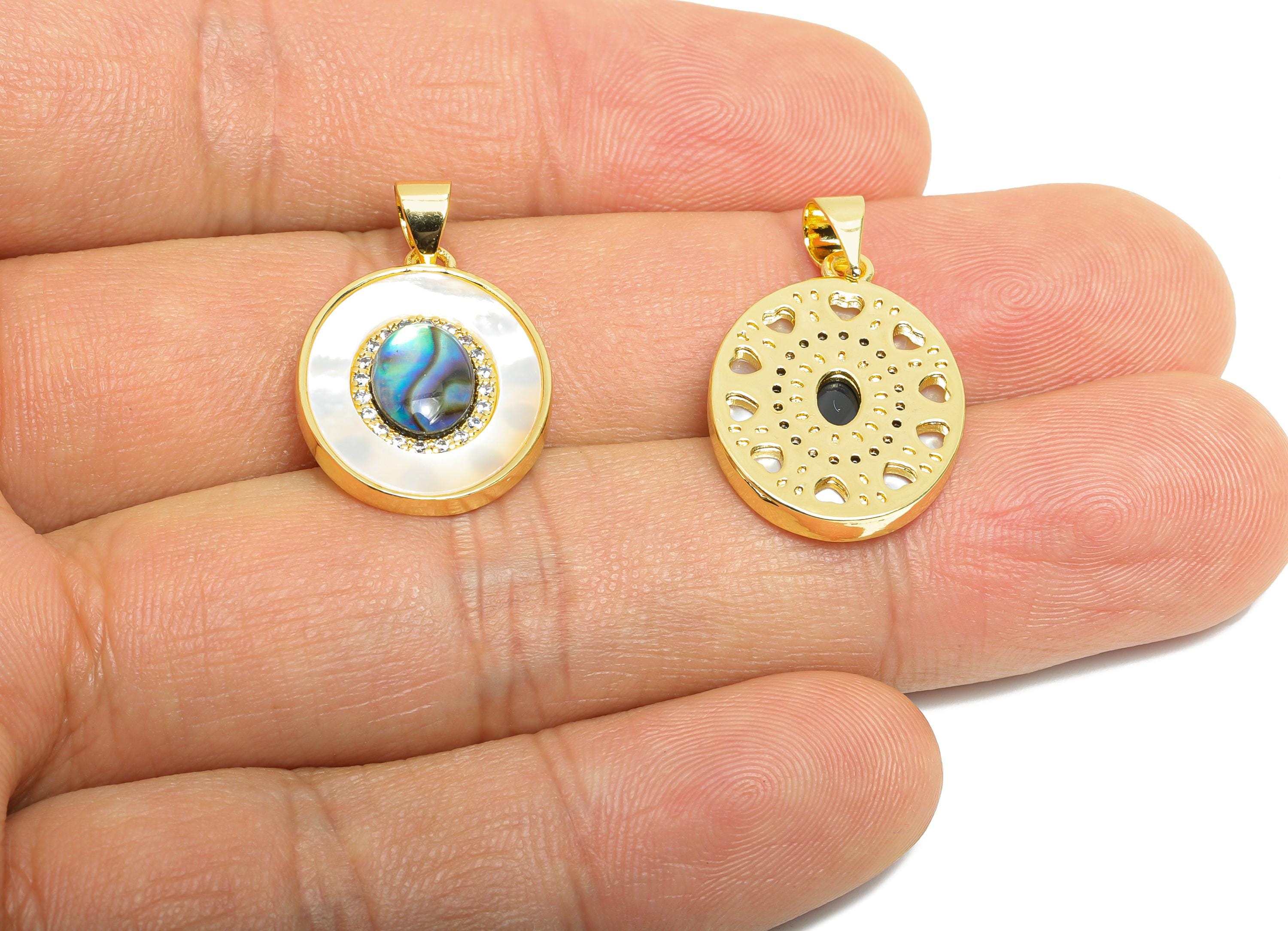 Brass Oval Pendant - Brass Abalone Shell Jewelry - Geometry Cubic Zircon Pendant - 18K Real Gold Plated - 25x5x3.75mm - RGP9634 - DOMEDBAZAAR