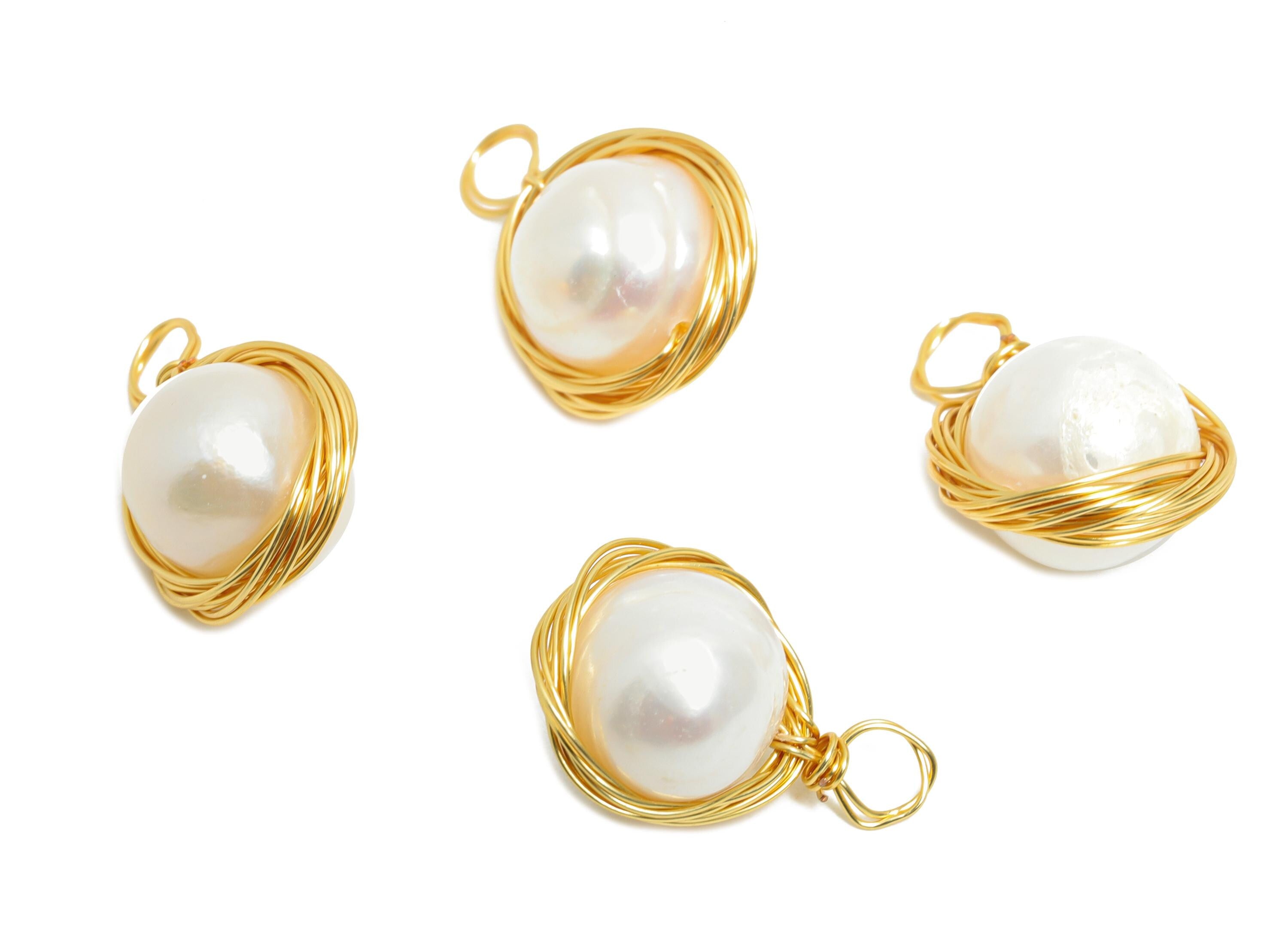 Brass Pearl Earring Charm - Brass DIY Handmade Earring Jewelry - Wire Wrapped Pearl Charm - 18K Real Gold Plating - 14x0.4x9.12mm - RGP9632 - DOMEDBAZAAR