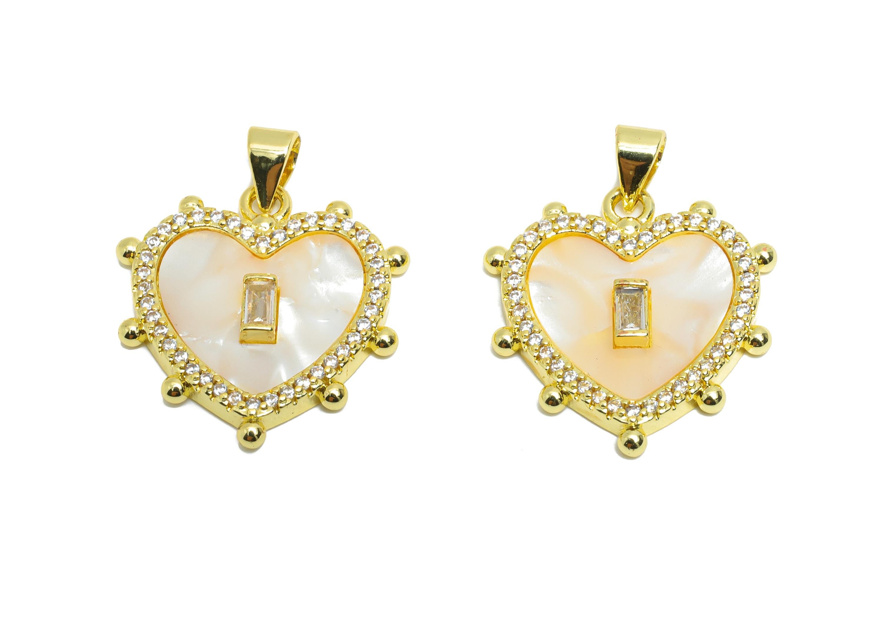 Vintage Heart Shell Pendant - Brass Rectangle CZ Jewelry - DIY Handmade Cubic Zircon Pendant - 18K Real Gold Plated - 22x22x3.24mm - RGP9714 - DOMEDBAZAAR