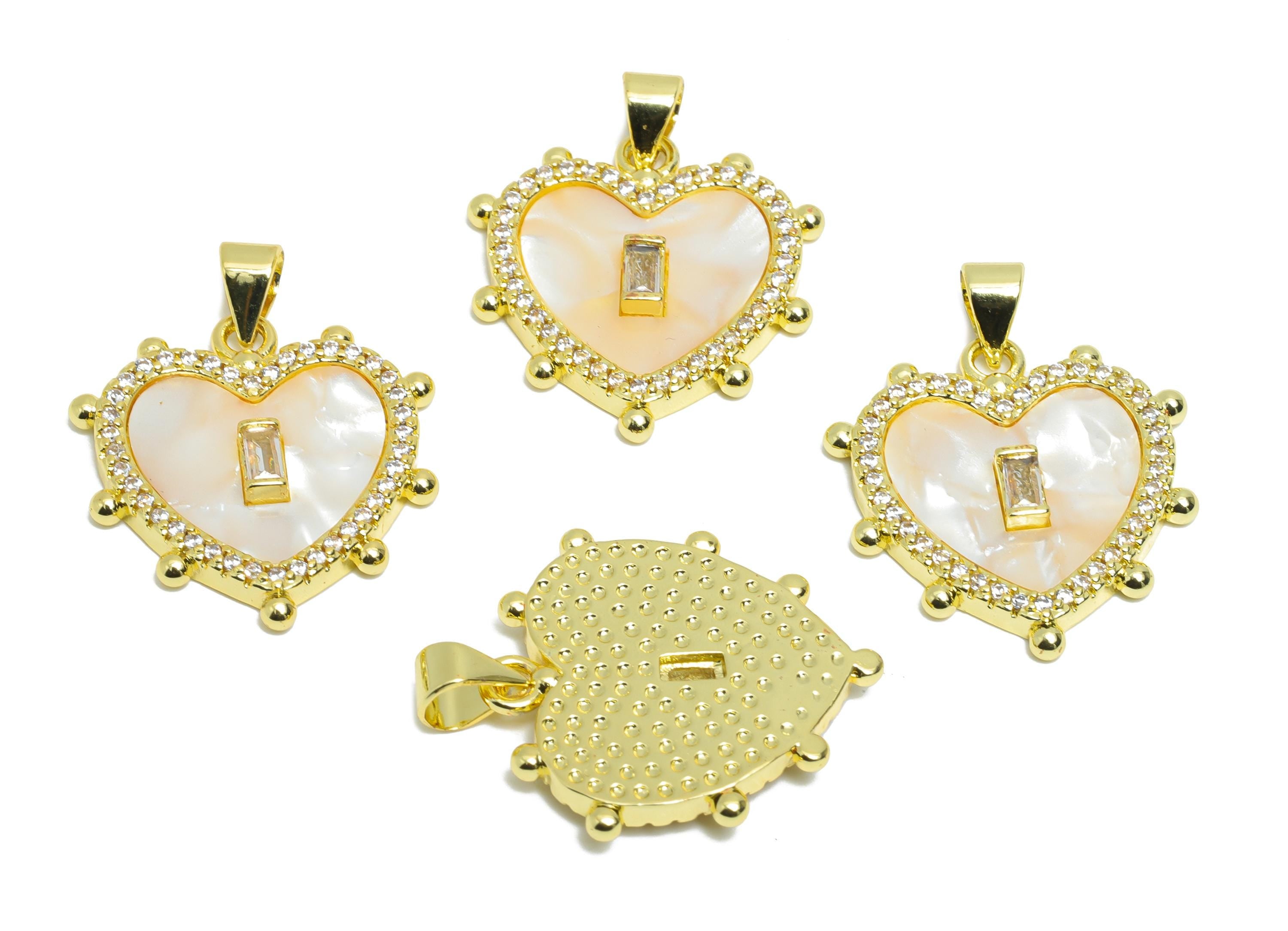 Vintage Heart Shell Pendant - Brass Rectangle CZ Jewelry - DIY Handmade Cubic Zircon Pendant - 18K Real Gold Plated - 22x22x3.24mm - RGP9714 - DOMEDBAZAAR