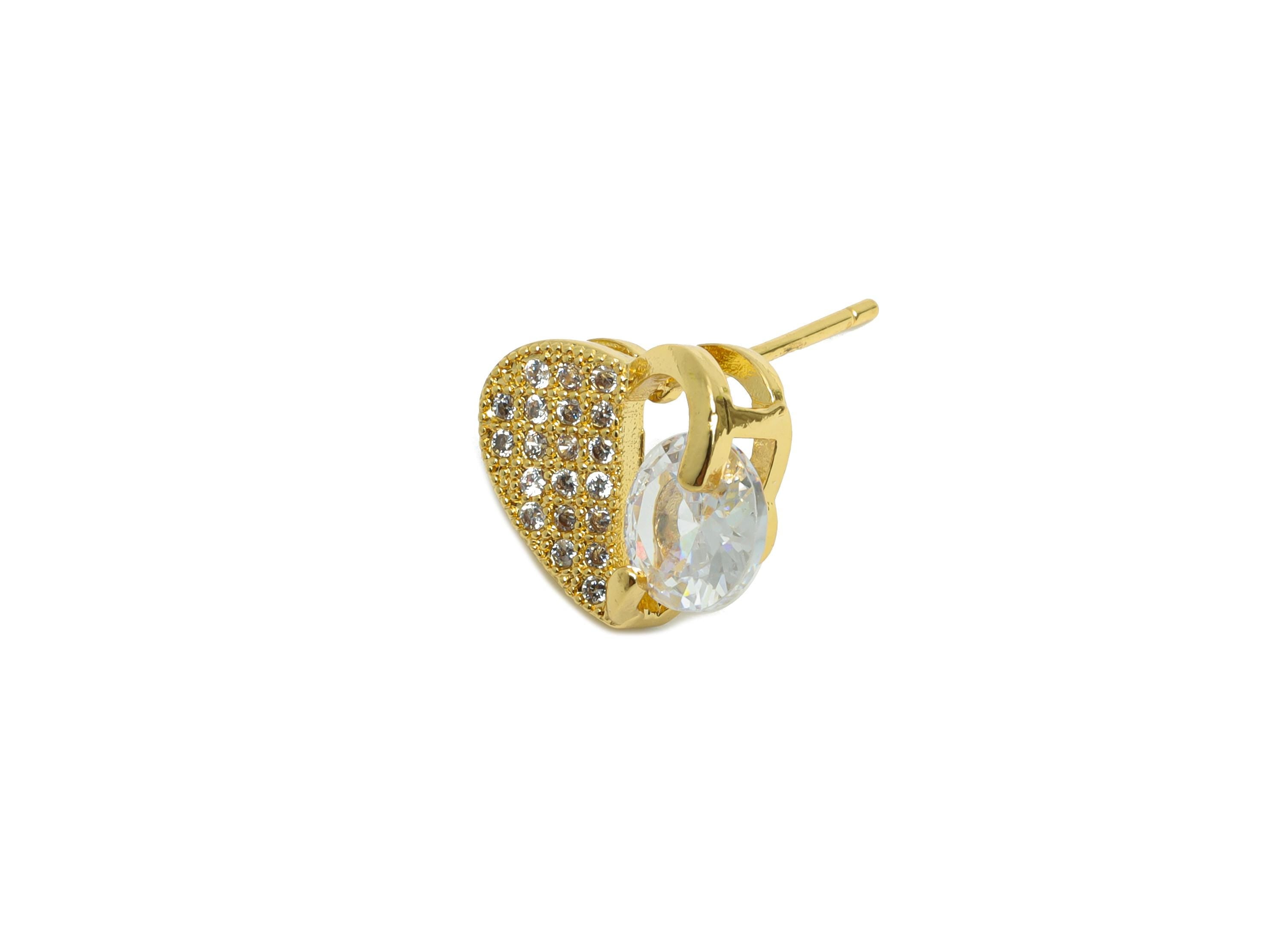 Brass CZ Heart Stud Earring - Gold Inlay Zircon Heart Earring Stud - Sparking Jewelry for Gift- 18K Gold Plated - 9.73x11.96x0.76mm -RGP9616 - DOMEDBAZAAR