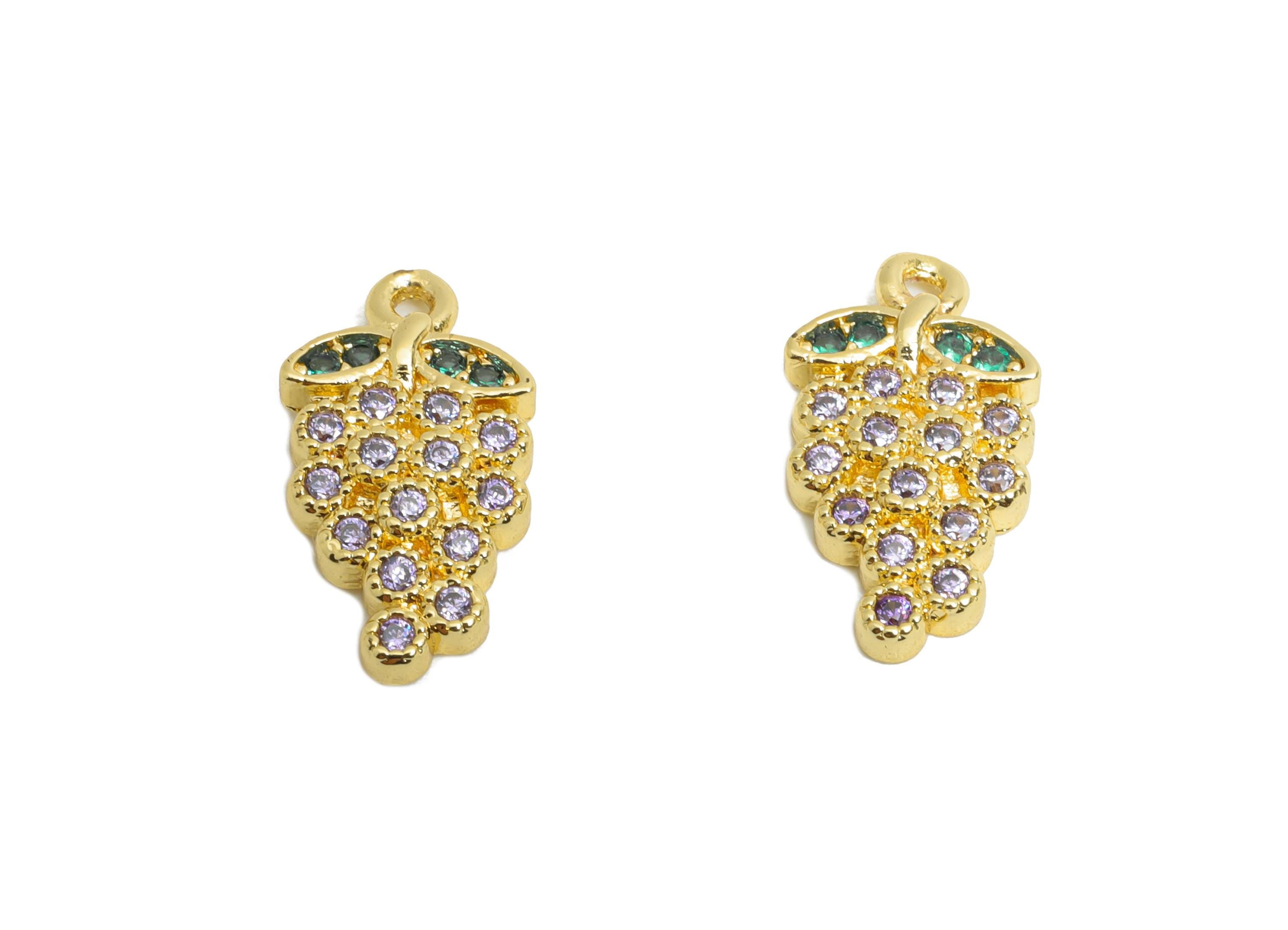 Brass CZ Grape Earring Charm - Gold Fruit Cubic Zircon Charm - Bunch of Grapes - 18K Real Gold Plated - 13x7x2.03mm - RGP9729 - DOMEDBAZAAR