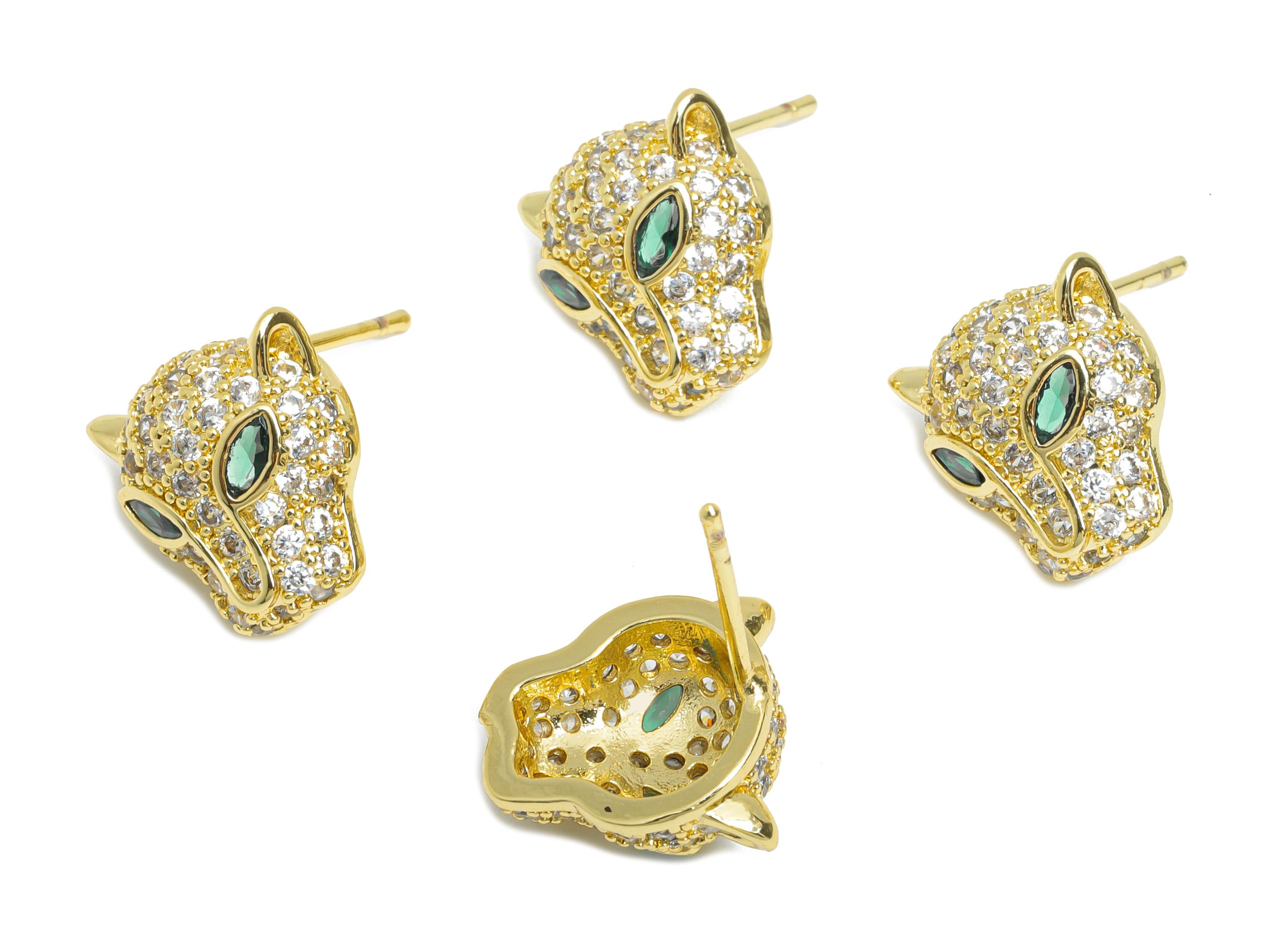 Brass CZ Leopard Post Earring - Gold Zircon Leopard Head Earring Stud - Sparking Jewelry for Gift - 18K Gold Plated - 12.7x12x6.2mm -RGP9557 - DOMEDBAZAAR