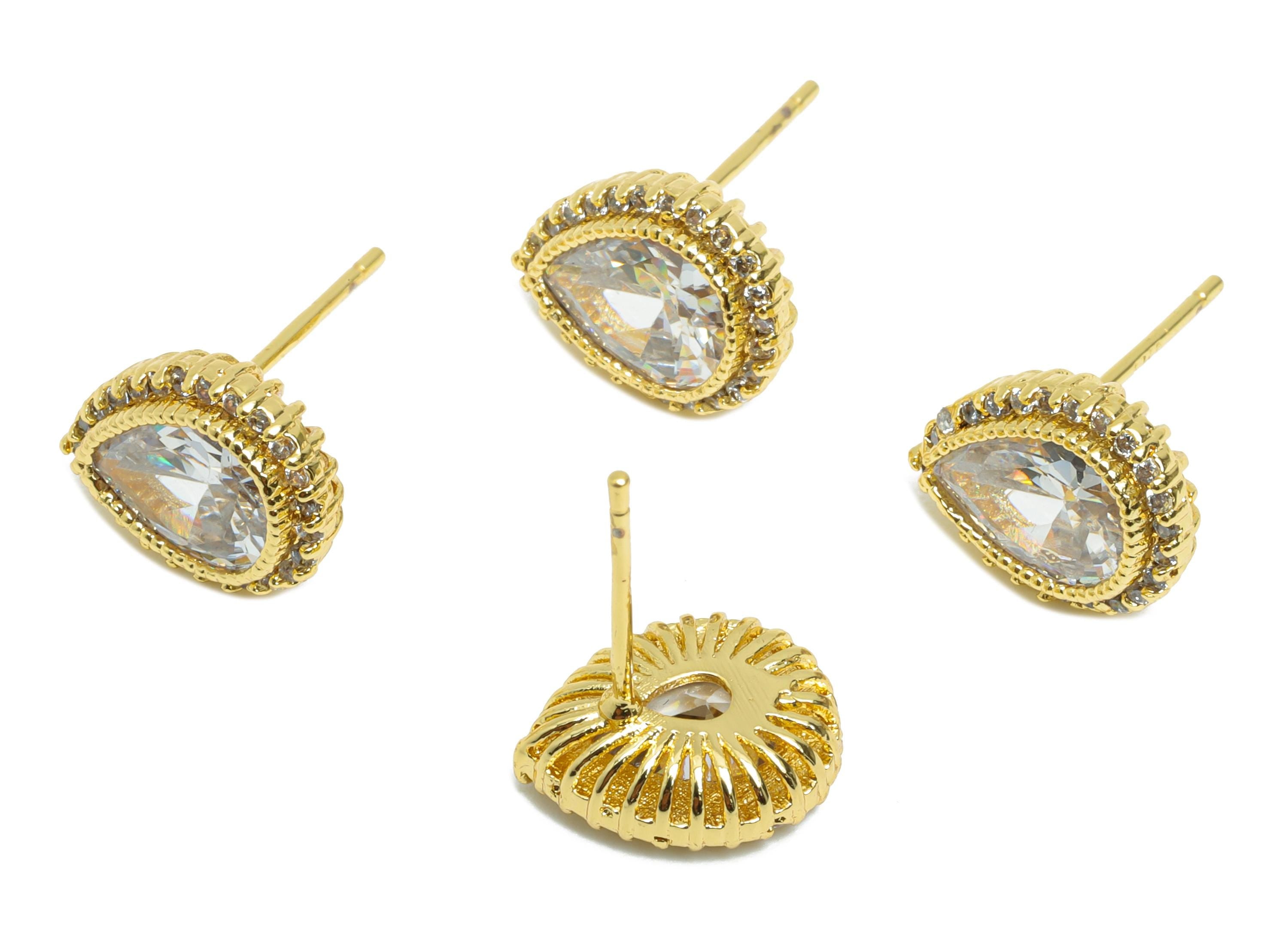 Brass CZ Drop Post - Gold Textured Drop Earrings Stud - Sparking Earring for Girls - 18K Real Gold Plated Brass - 11.4x9x0.78xmm - RGP9611 - DOMEDBAZAAR