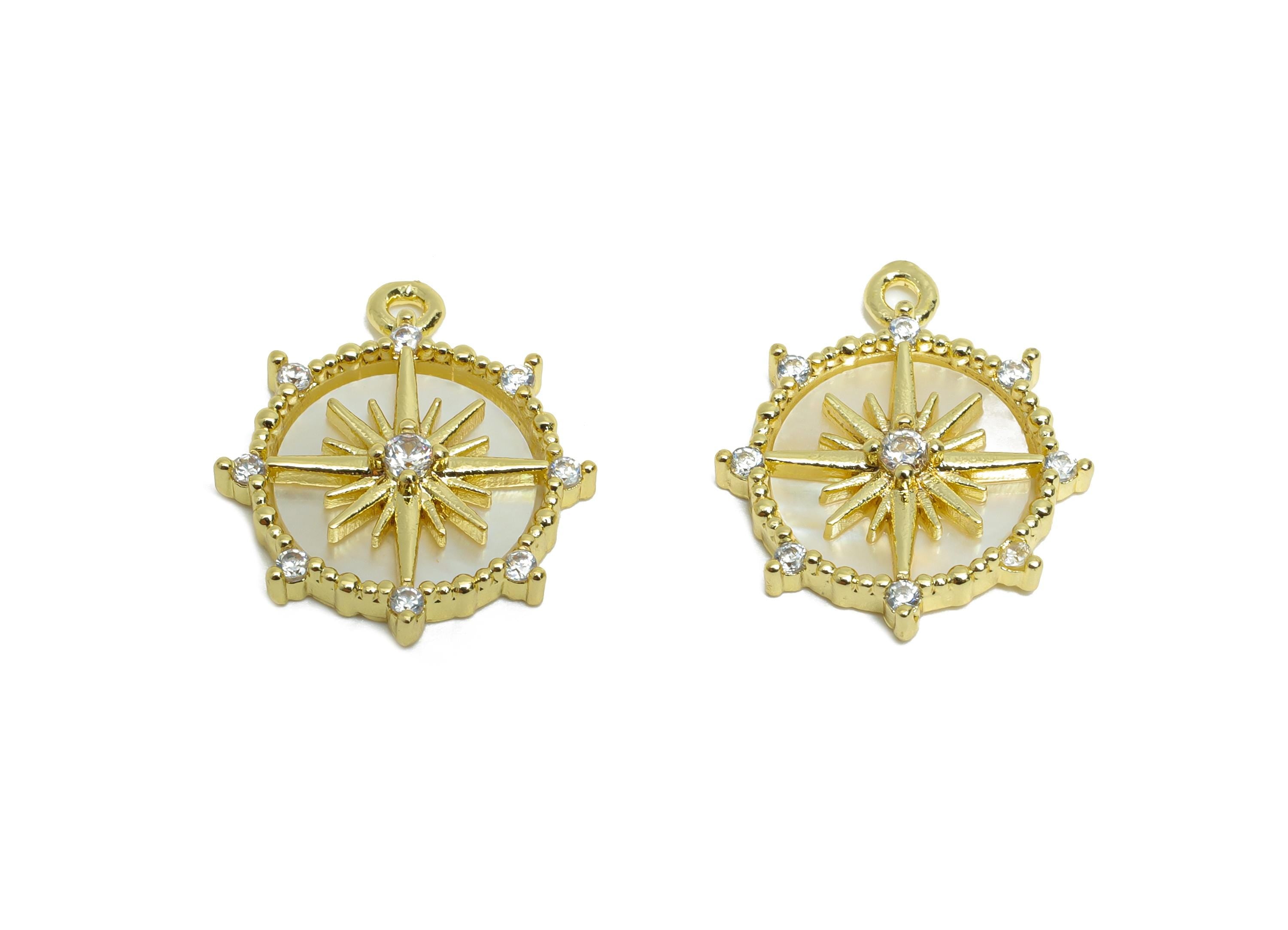 Brass CZ North Star Pendant - Gold Round Seashell Zircon Charm - Danity Geometric Jewelry - 18K Real Gold Plated -17.91x15.39x3.2mm -RGP9628 - DOMEDBAZAAR