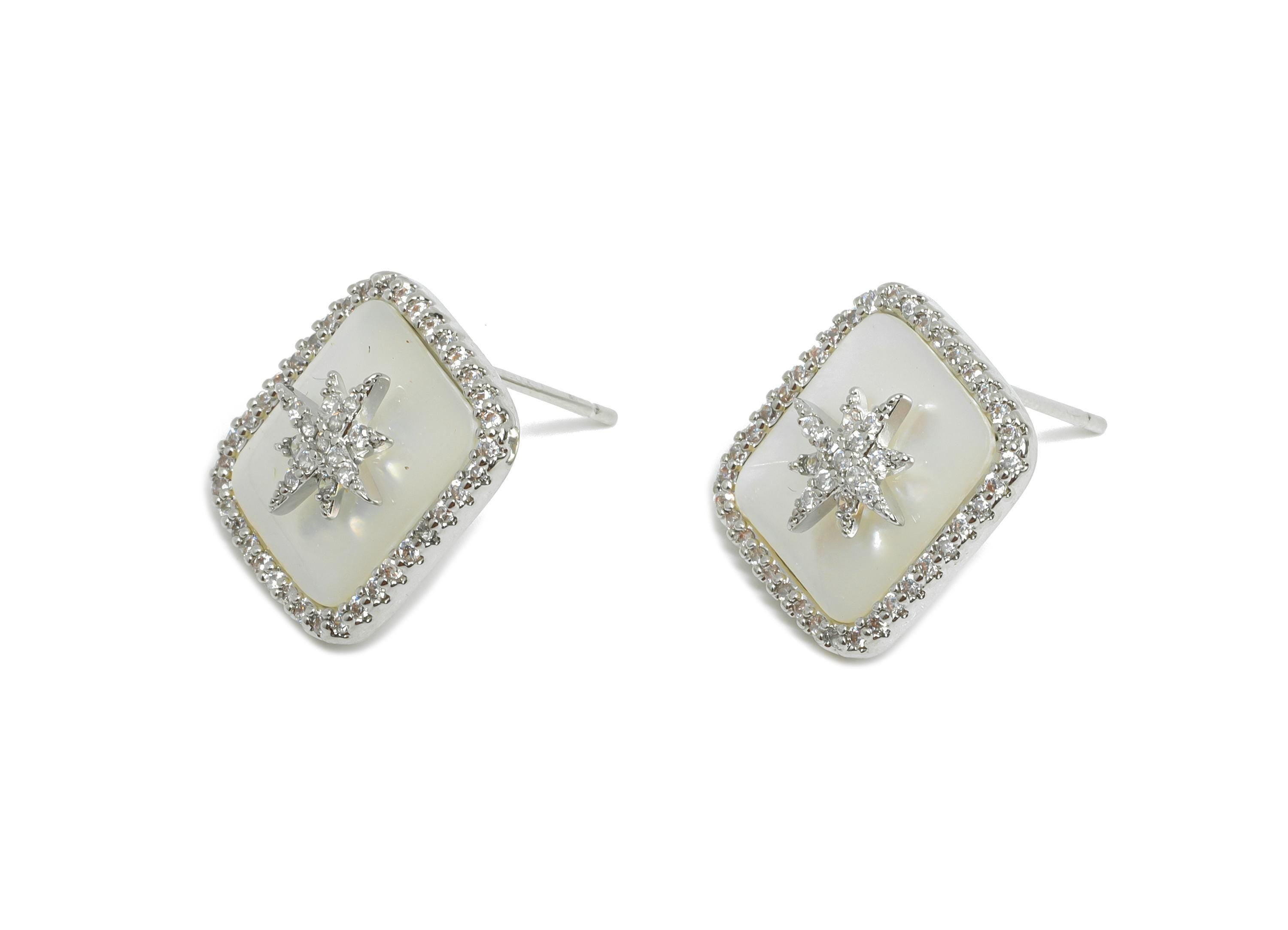 Sparkling CZ Brass Stud - Brass Rectangle Seashell Post - Silver North Star Earring Post- 18K White Gold Plated - 14.62x13.07x0.76mm-RGP9592 - DOMEDBAZAAR
