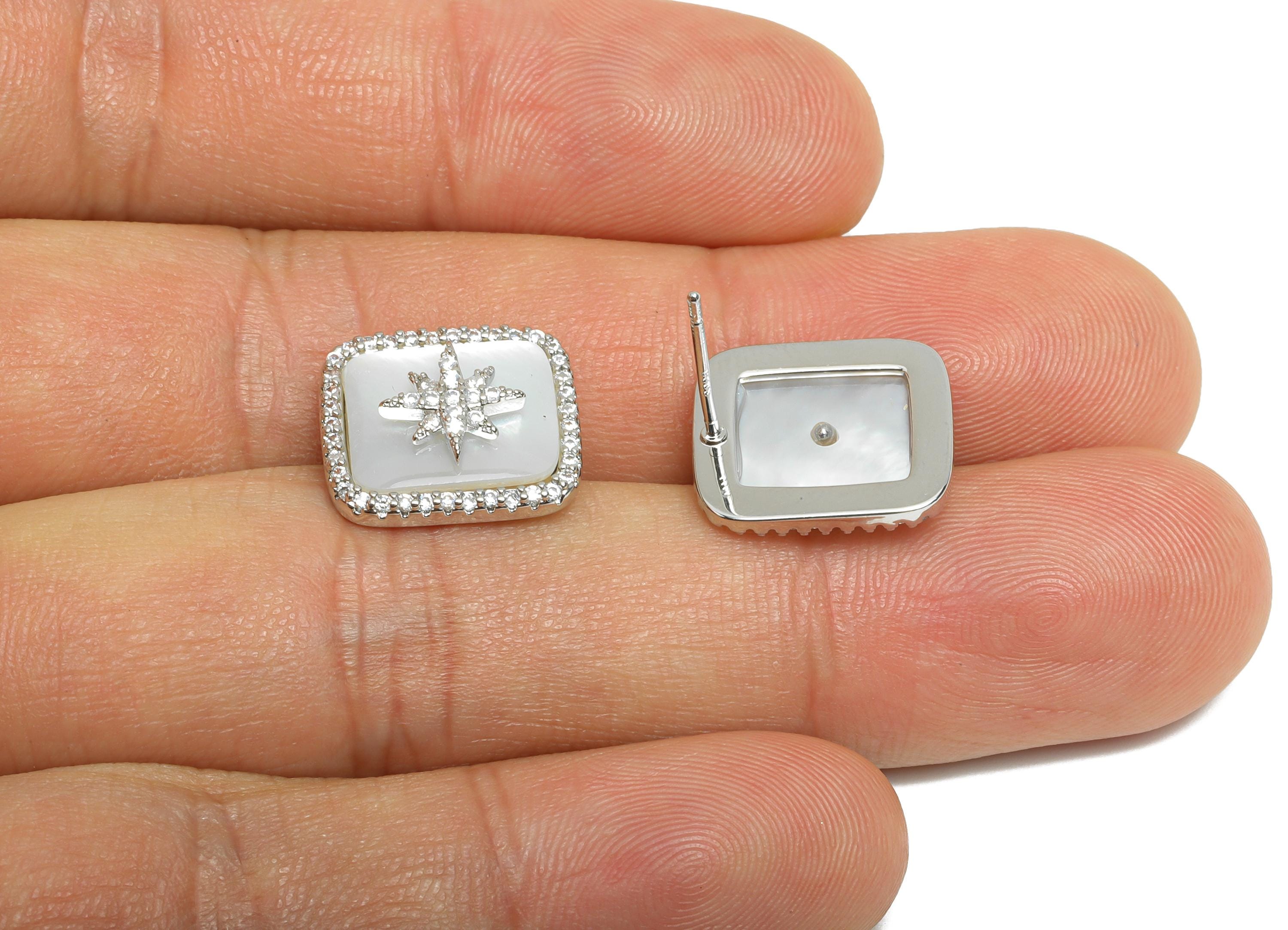Sparkling CZ Brass Stud - Brass Rectangle Seashell Post - Silver North Star Earring Post- 18K White Gold Plated - 14.62x13.07x0.76mm-RGP9592 - DOMEDBAZAAR