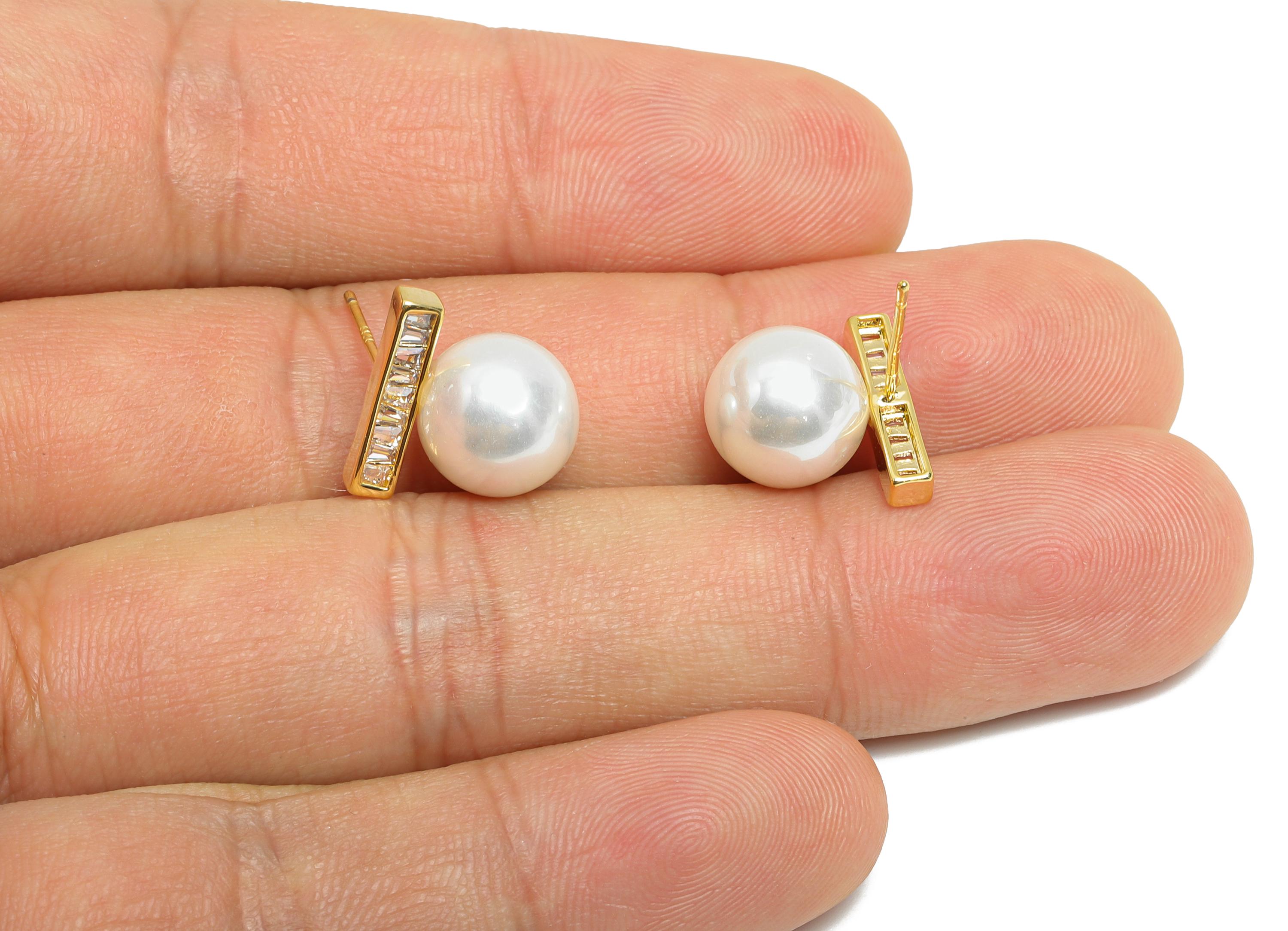 Brass CZ Bar Pearl Stud - Gold Bar Seashell Pearl Earring Stud - Minimalism Jewelry for Gift - 18K Gold Plated - 13.62x13.21x0.7mm -RGP9581 - DOMEDBAZAAR