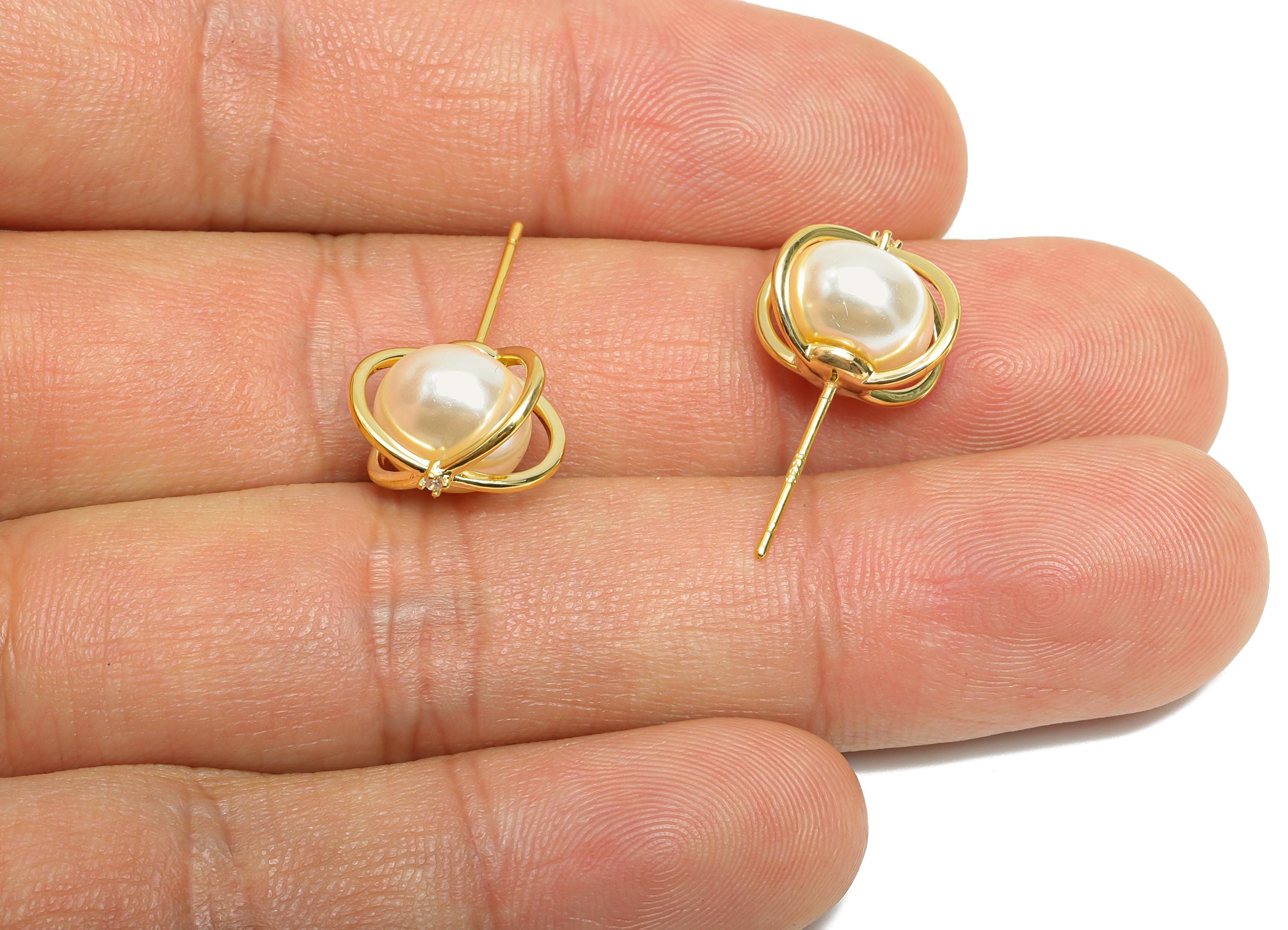 Brass Pearl Post Earring - Brass Imitation Pearl Earring Stud - Modern Pearl Jewelry - For Woman - 18K Gold Plated - 11x9x0.71mm - RGP9589 - DOMEDBAZAAR