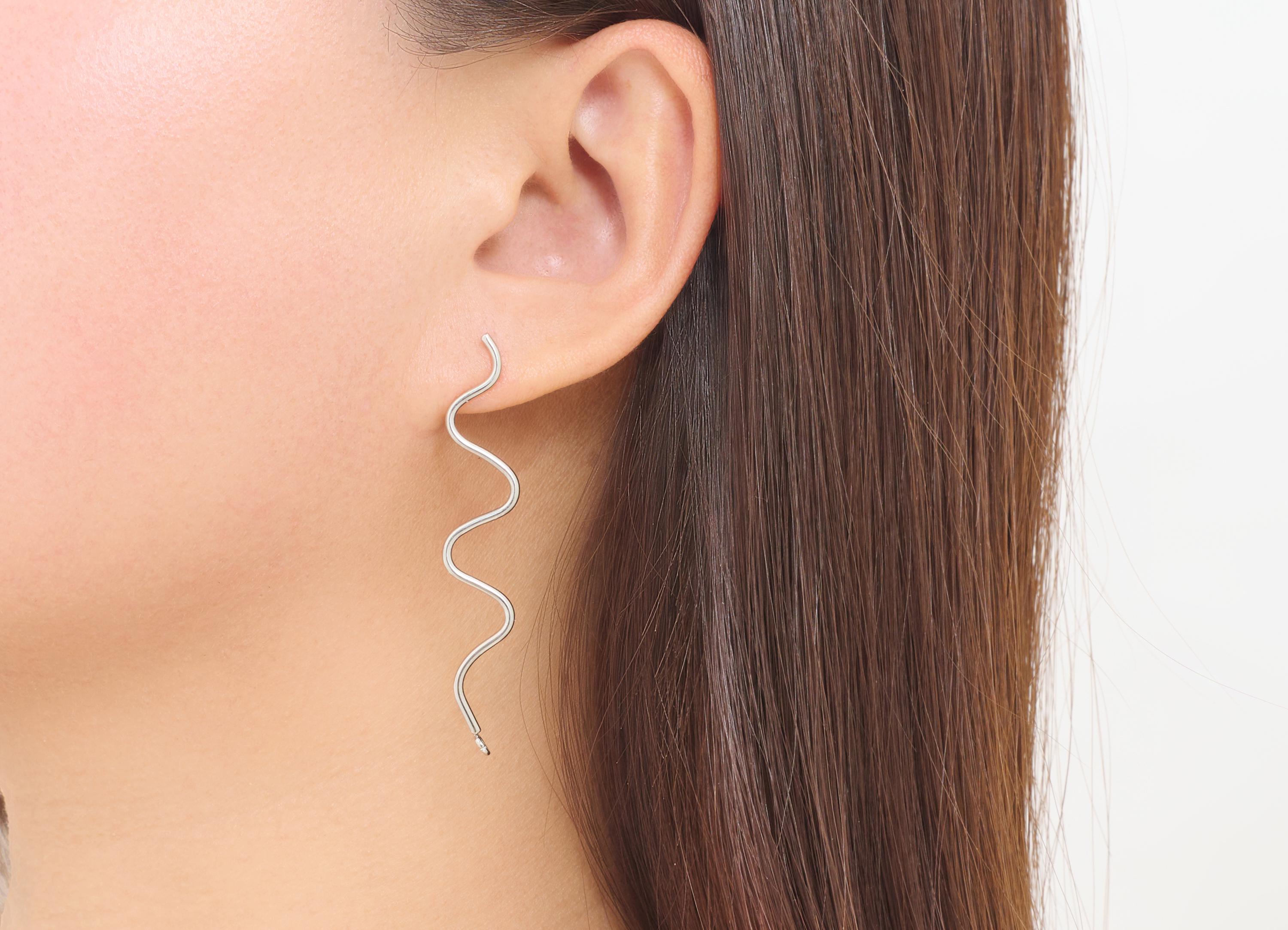 Stainless Steel Wavy Earring Studs - Silver Tone Curved Lines Stud with Loops - 304 Stainless Steel Abstract Studs - 58.7x10x1.4mm - SS1985 - DOMEDBAZAAR
