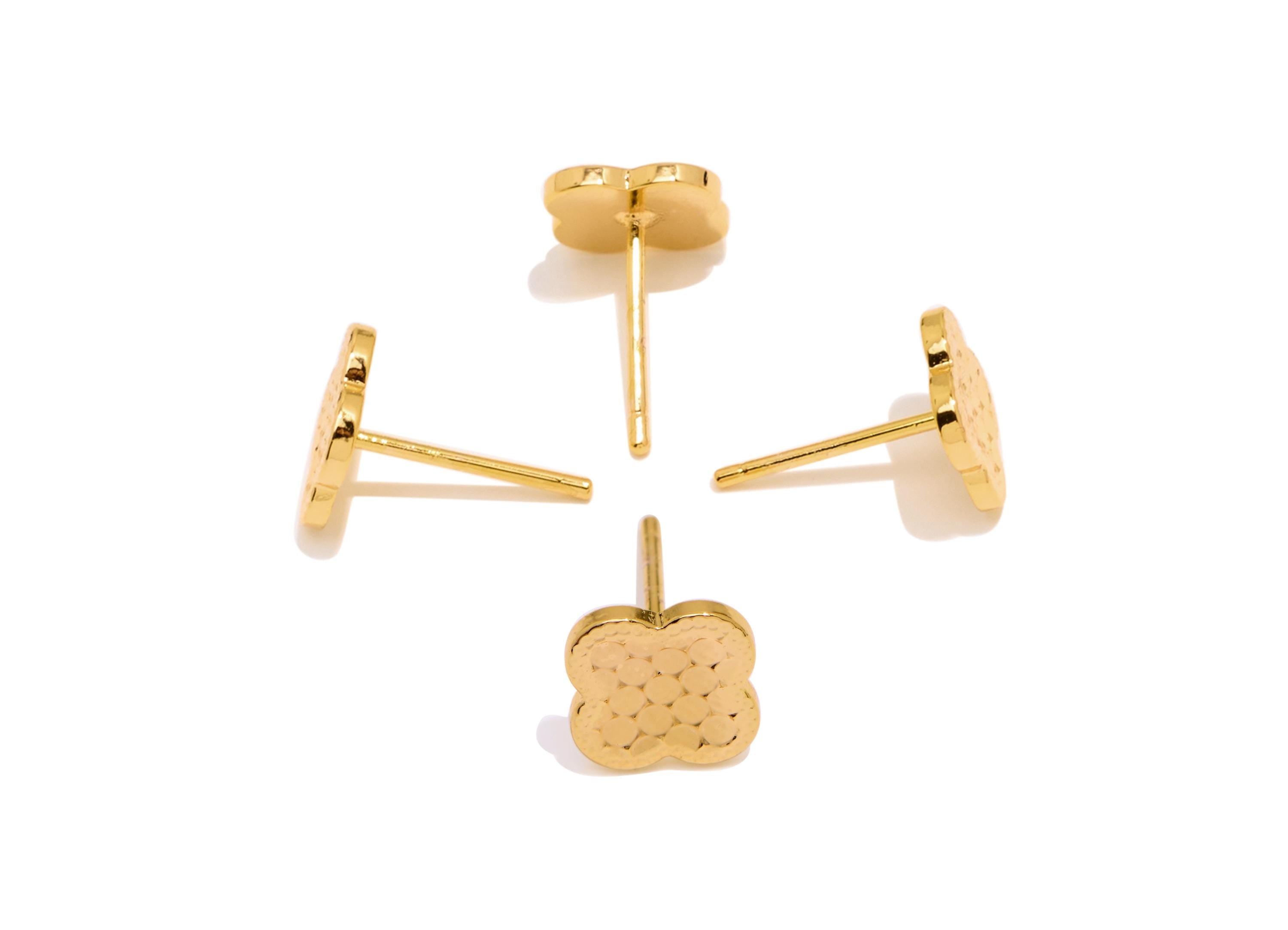 Brass Four-Leaf Clover Earring Stud - Elegant Gold Lucky Clover Post - Minimalist Jewelry - 18K Real Gold Plated - 9.03x7.77x0.8mm -RGP10767 - DOMEDBAZAAR