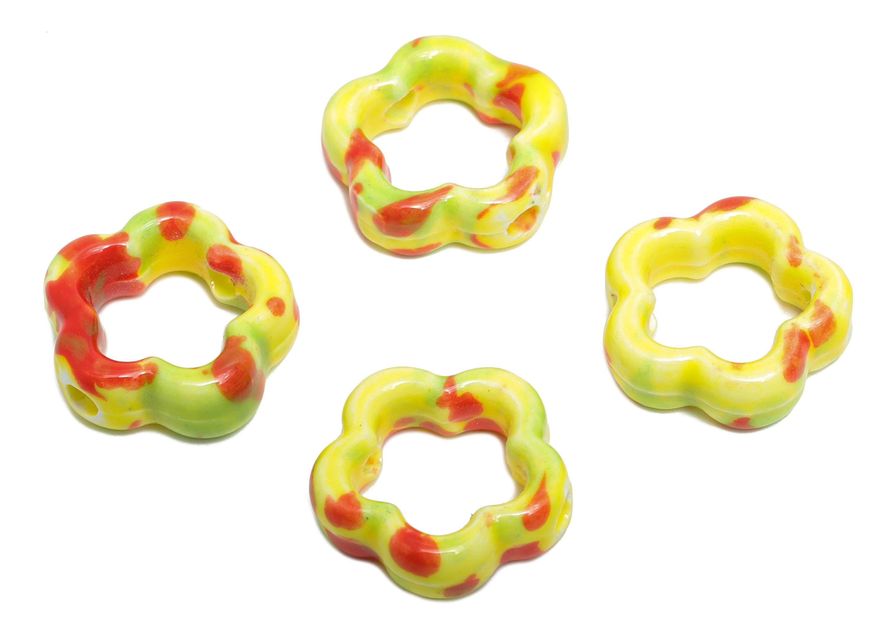 Glazed Ceramic Floral Beads - Craft Beads for Necklace or Bracelet - Rainbow Flower Beads - Handmade  Making Supplies - 15x15x5mm - NS2827 - DOMEDBAZAAR