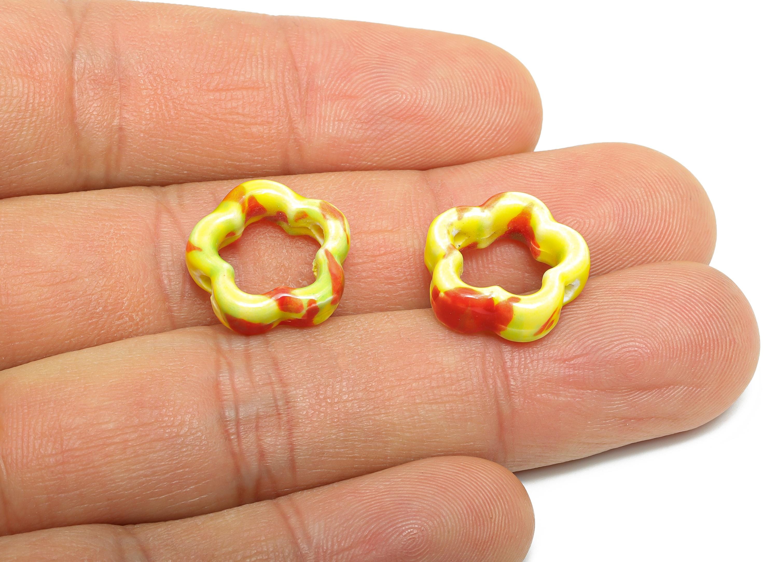 Glazed Ceramic Floral Beads - Craft Beads for Necklace or Bracelet - Rainbow Flower Beads - Handmade  Making Supplies - 15x15x5mm - NS2827 - DOMEDBAZAAR