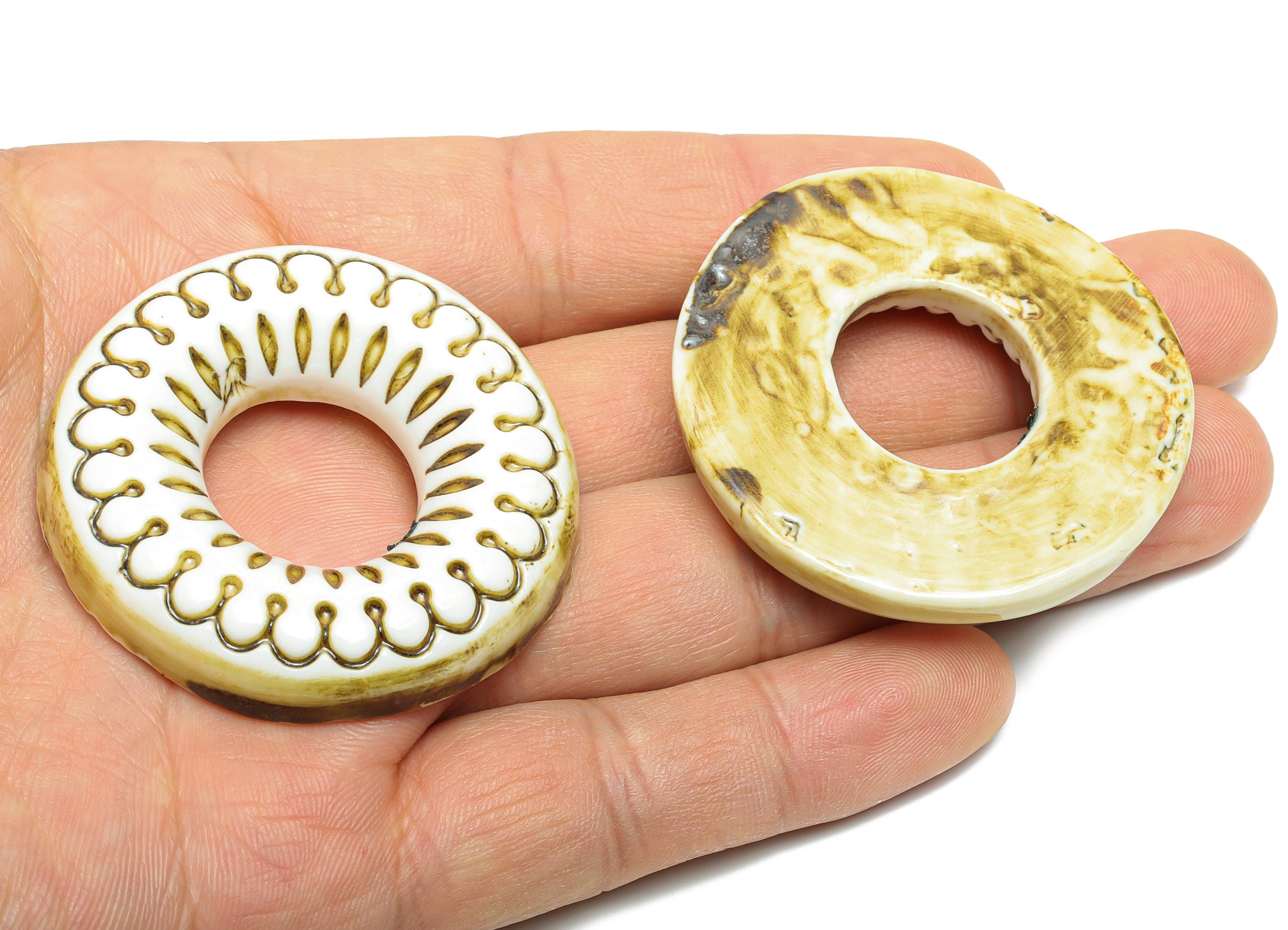Glazed Ceramic Pendants - Craft Beads for Necklace or Bracelet - Artisan Ceramic Beads - Handmade Ceramic Donuts - 48x46x8.78mm - NS2784 - DOMEDBAZAAR