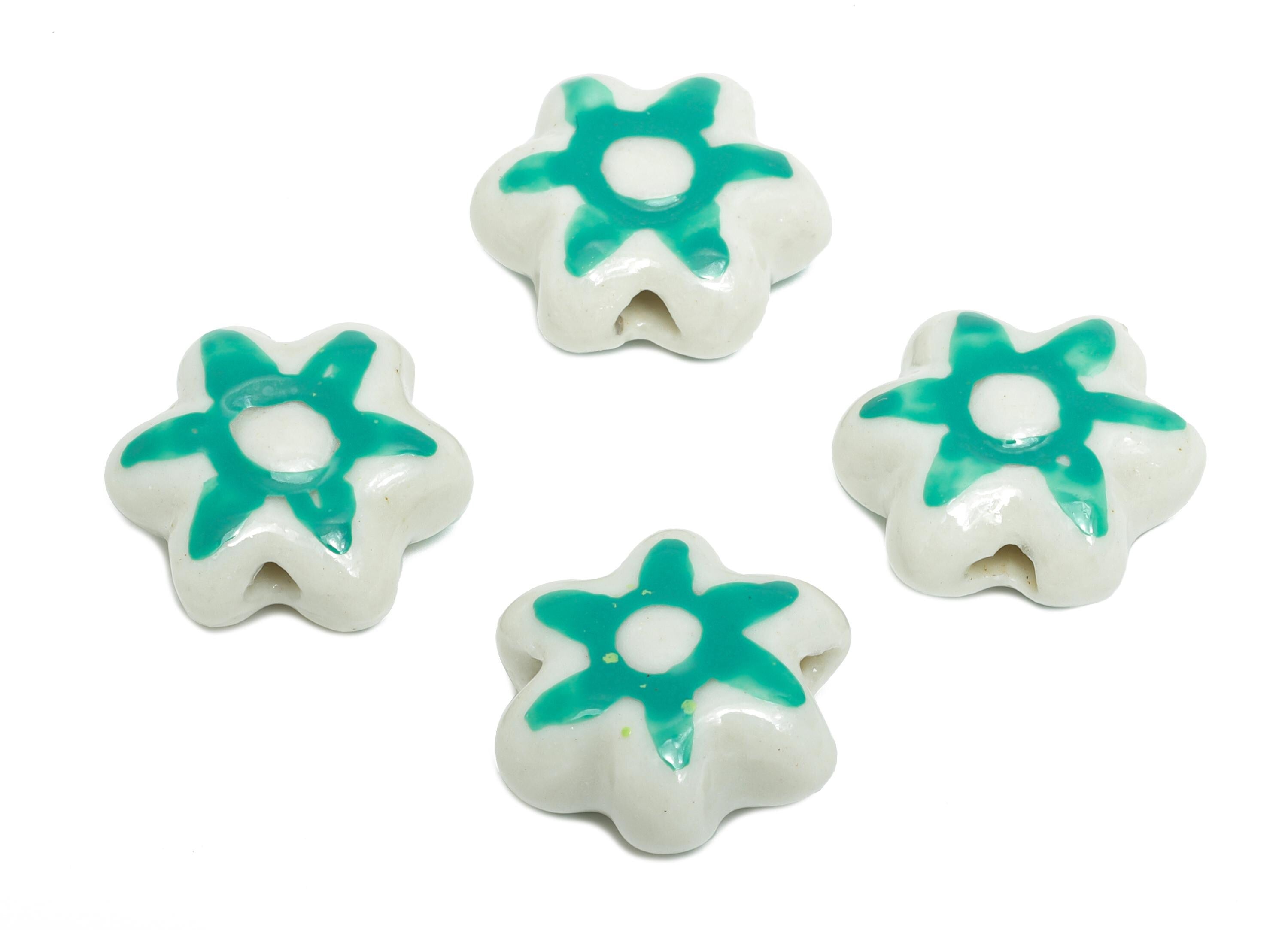 Glazed Ceramic Flower Beads - Artistic Ceramic Floral Beads - Handmade Beads for Bracelet - Jewelry Component - 17.33x17.17x6.98mm - NS2830 - DOMEDBAZAAR