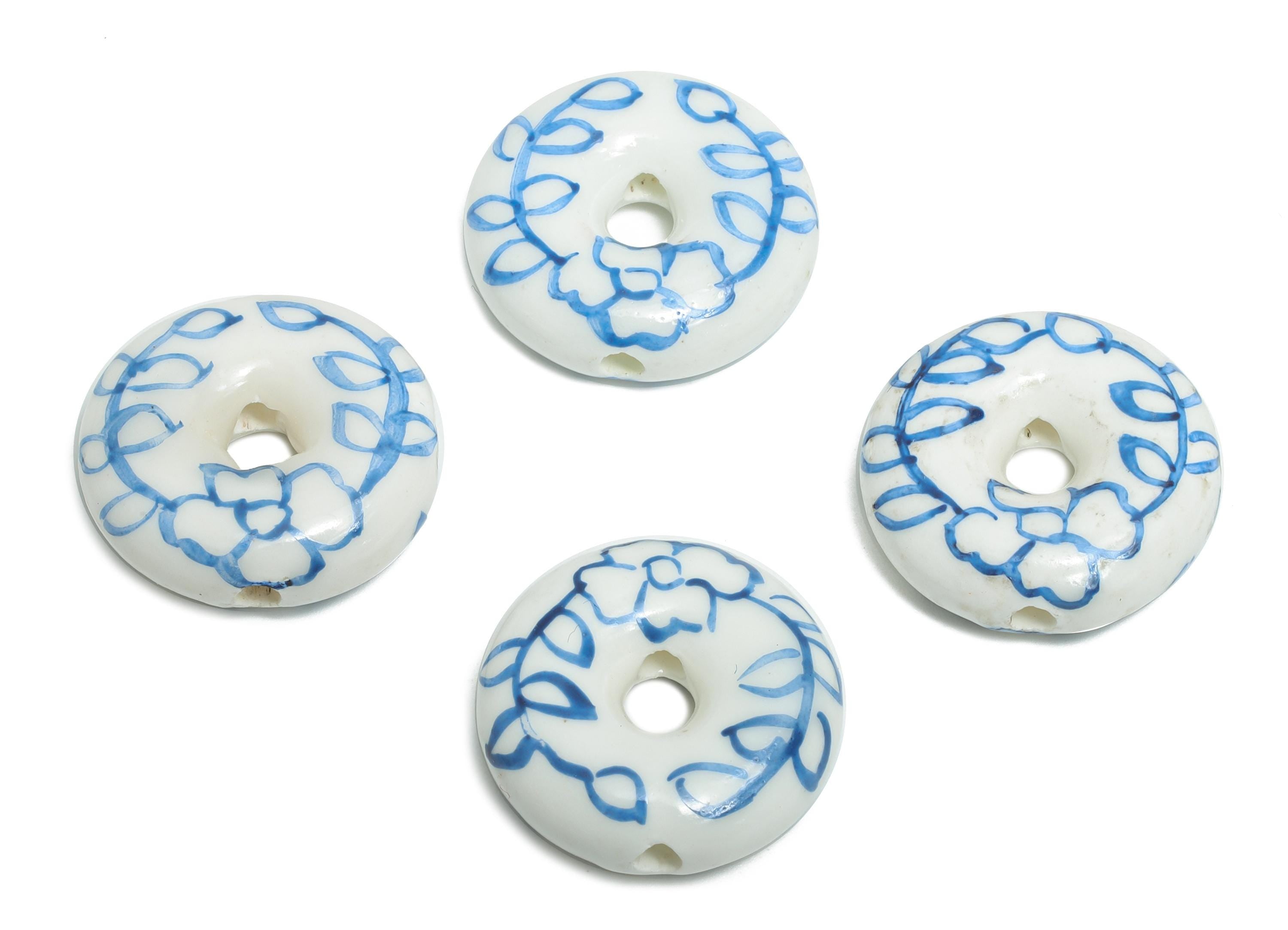 Glazed Ceramic Donut Beads - Round Ceramic Hoop Beads Component - Hand-Painted Leaf Beads - Jewelry Making Beads - 18.2x18.57x6.2mm - NS2832 - DOMEDBAZAAR
