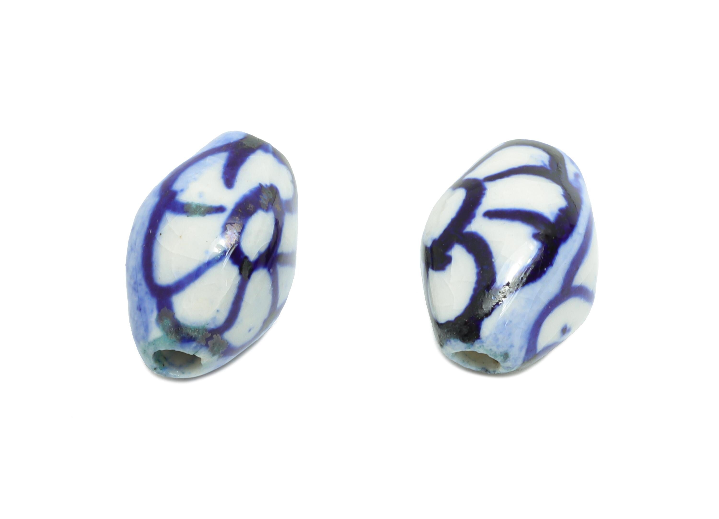 Glazed Ceramic Oval Bead - Hand-Painted Floral Bead Components for Bracelet - Handmade Ceramic Making Jewelry - 14.66x10.42x10.13mm - NS2821 - DOMEDBAZAAR