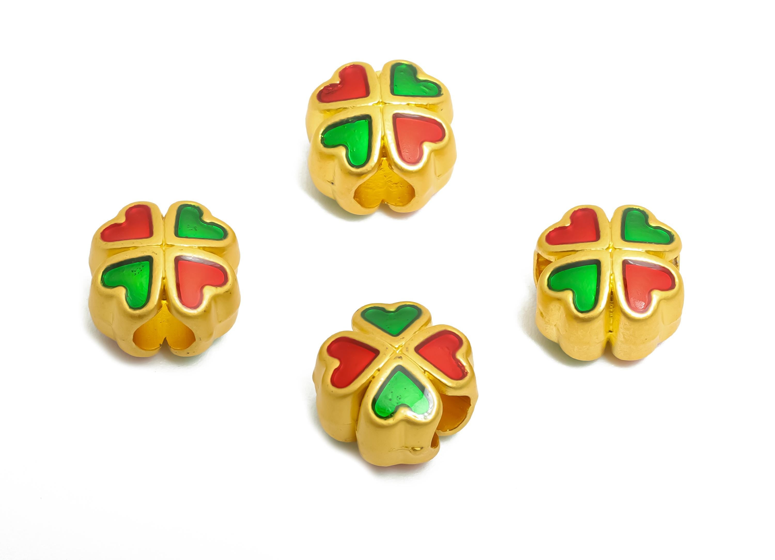 Alloy Heart Bead - Green and Red Enamel for Bracelets - Dainty Jewelry Bead - Handcrafted Butterfly Bead - 18K Matt Gold - 9x9x7mm - ZZ2152 - DOMEDBAZAAR