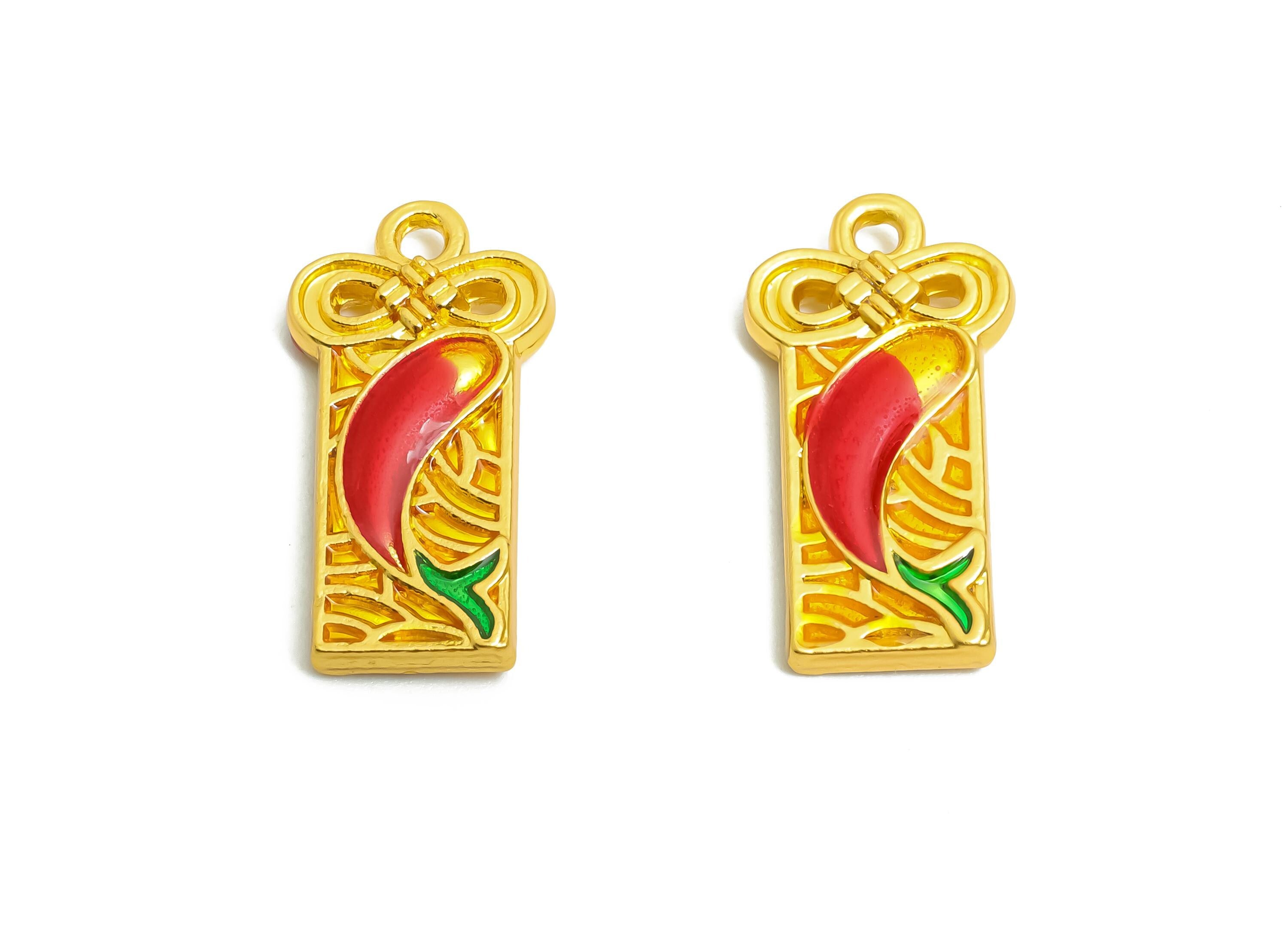 Alloy Koi Fish Charm - Colorful Enamel for Bracelets - Rectangle Eastern Charm - DIY Handcrafted Bead - 18K Matte Gold - 20x10x3mm -ZZ2133 - DOMEDBAZAAR