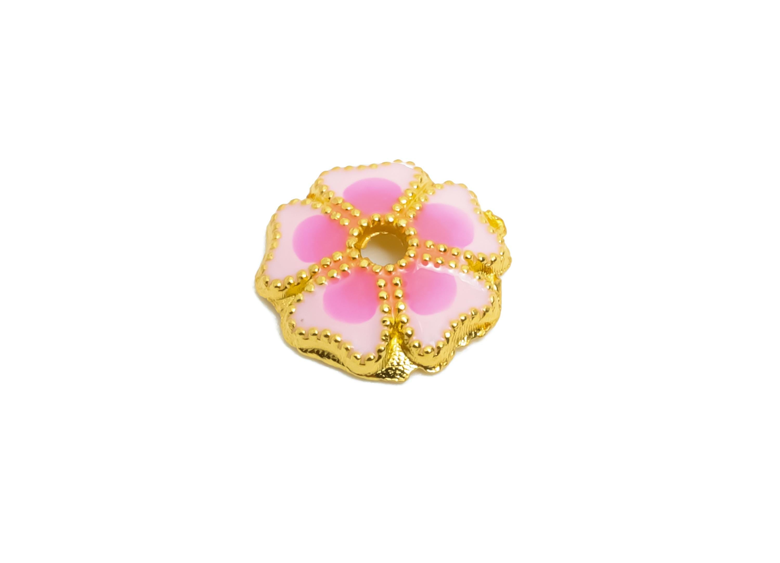 Alloy Pink Floral Bead - Colorful Enamel for Bracelets - Bead Cap Jewelry - DIY Handcrafted Bead Base - 18K Matte Gold - 8x8x1.8mm - ZZ2146 - DOMEDBAZAAR