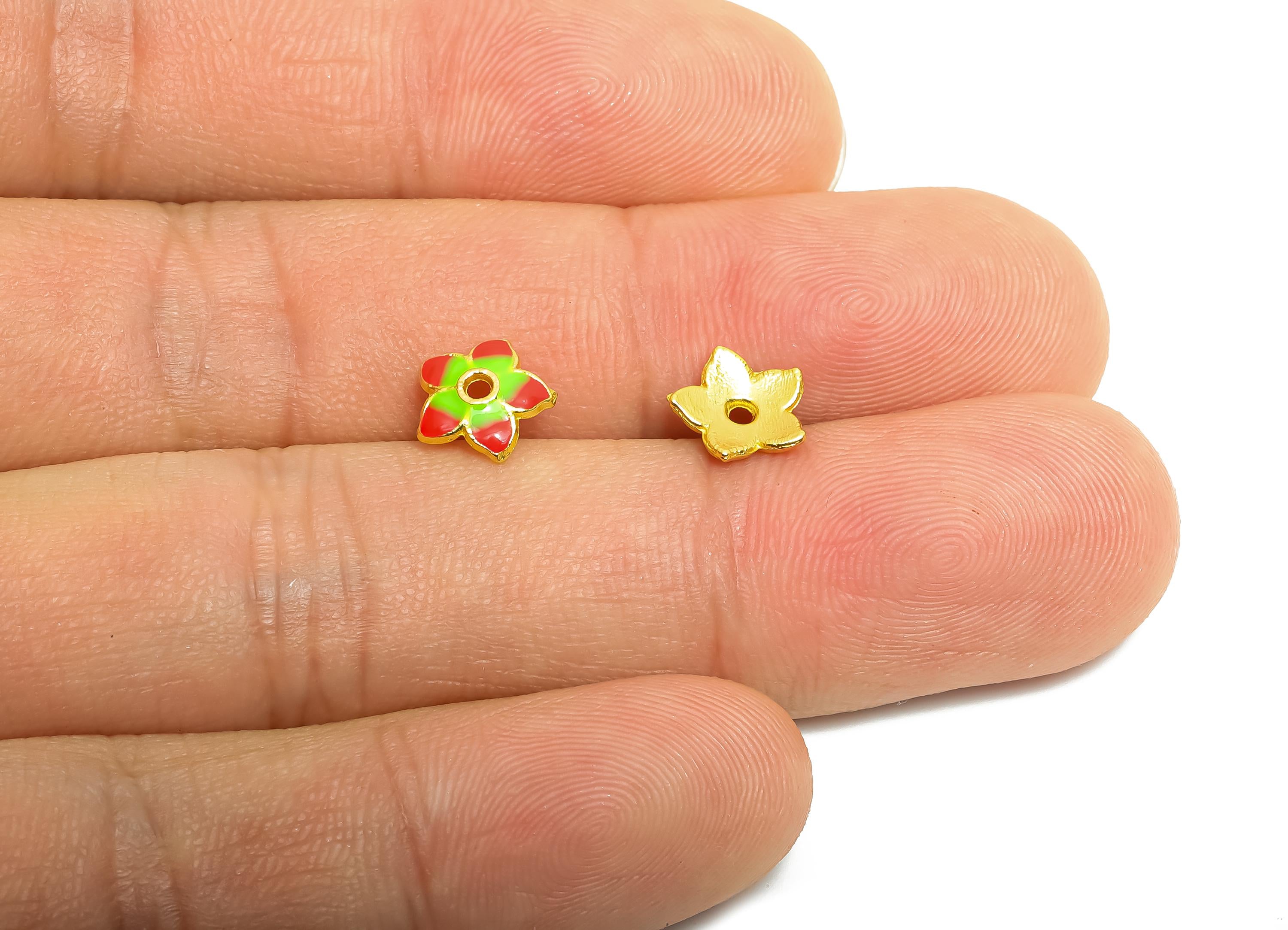 Alloy Red Floral Bead - Colorful Enamel for Bracelets - Bead Cap Jewelry - DIY Handcrafted Bead Base - 18K Matte Gold - 8x8x1.75mm - ZZ2145 - DOMEDBAZAAR