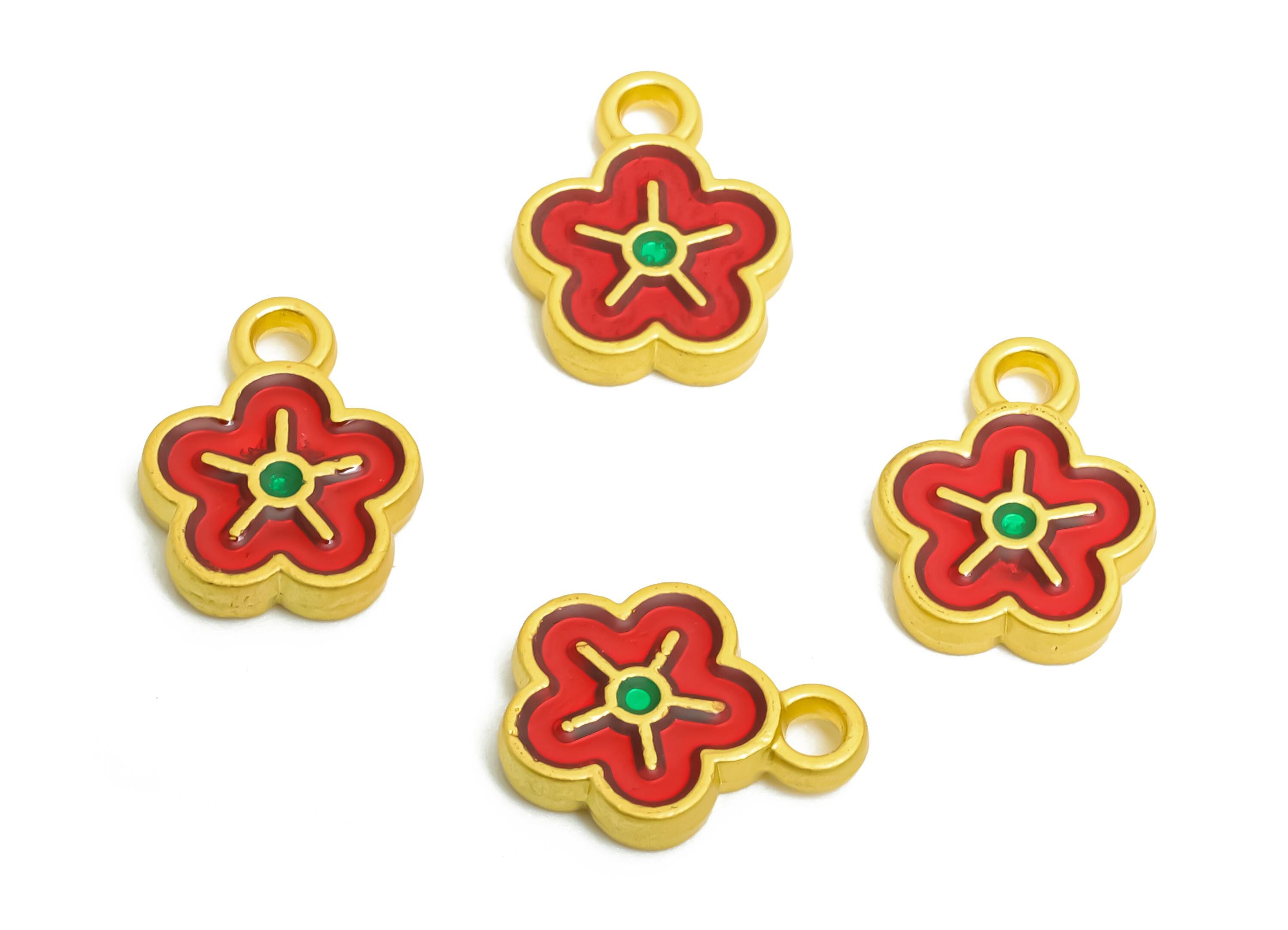 Alloy Tiny Floral Charm - Colorful Enamel for Bracelets - Handmade Bead Jewelry - Handcrafted Charm - 18K Matte Gold - 10x8x1.8mm - ZZ2154 - DOMEDBAZAAR