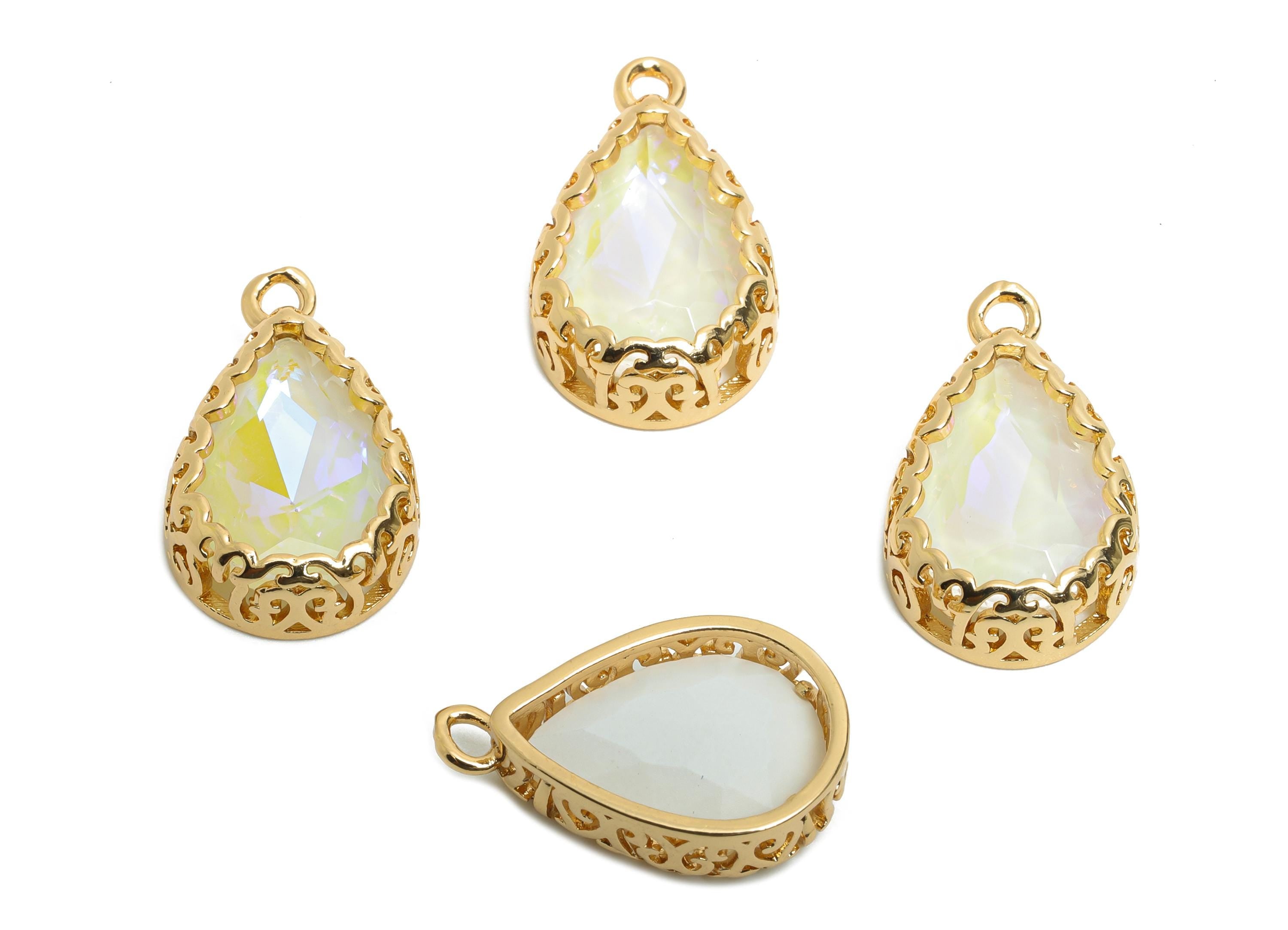 Brass Teardrop Crystal Charm - White Faceted Crystal Necklace Pendant - Drop Gold-Framed Jewelry DIY - KC Gold Plated - 20x12.6x5mm - GS1195 - DOMEDBAZAAR