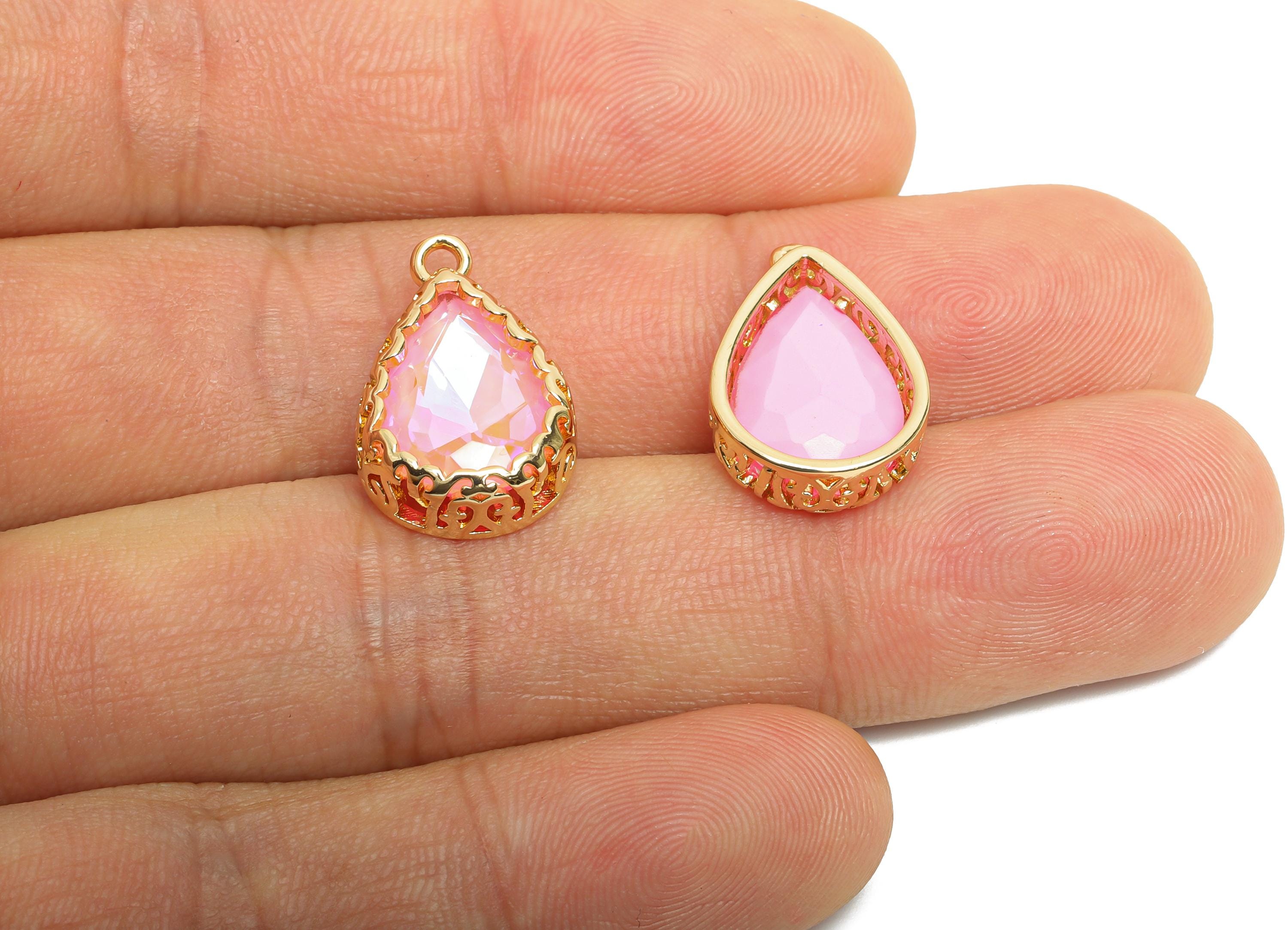 Brass Teardrop Crystal Charm - Pink Faceted Crystal Necklace Pendant - Drop Gold-Framed Jewelry DIY - KC Gold Plated - 20x12.6x5mm - GS1193 - DOMEDBAZAAR