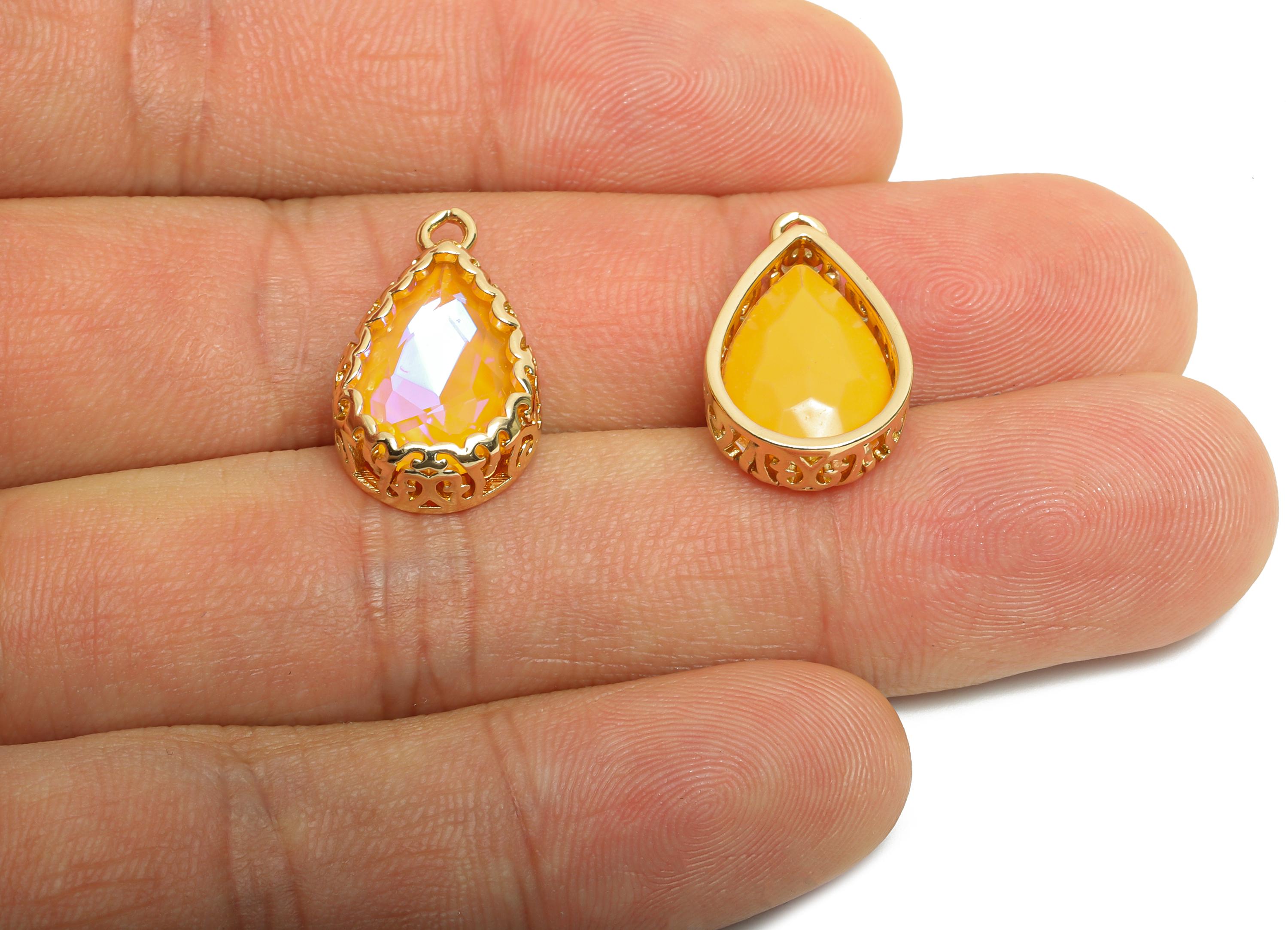 Brass Teardrop Crystal Charm - Orange Faceted Crystal Necklace Pendant - Drop Gold-Framed Jewelry DIY - KC Gold Plated - 20x12.6x5mm -GS1196 - DOMEDBAZAAR