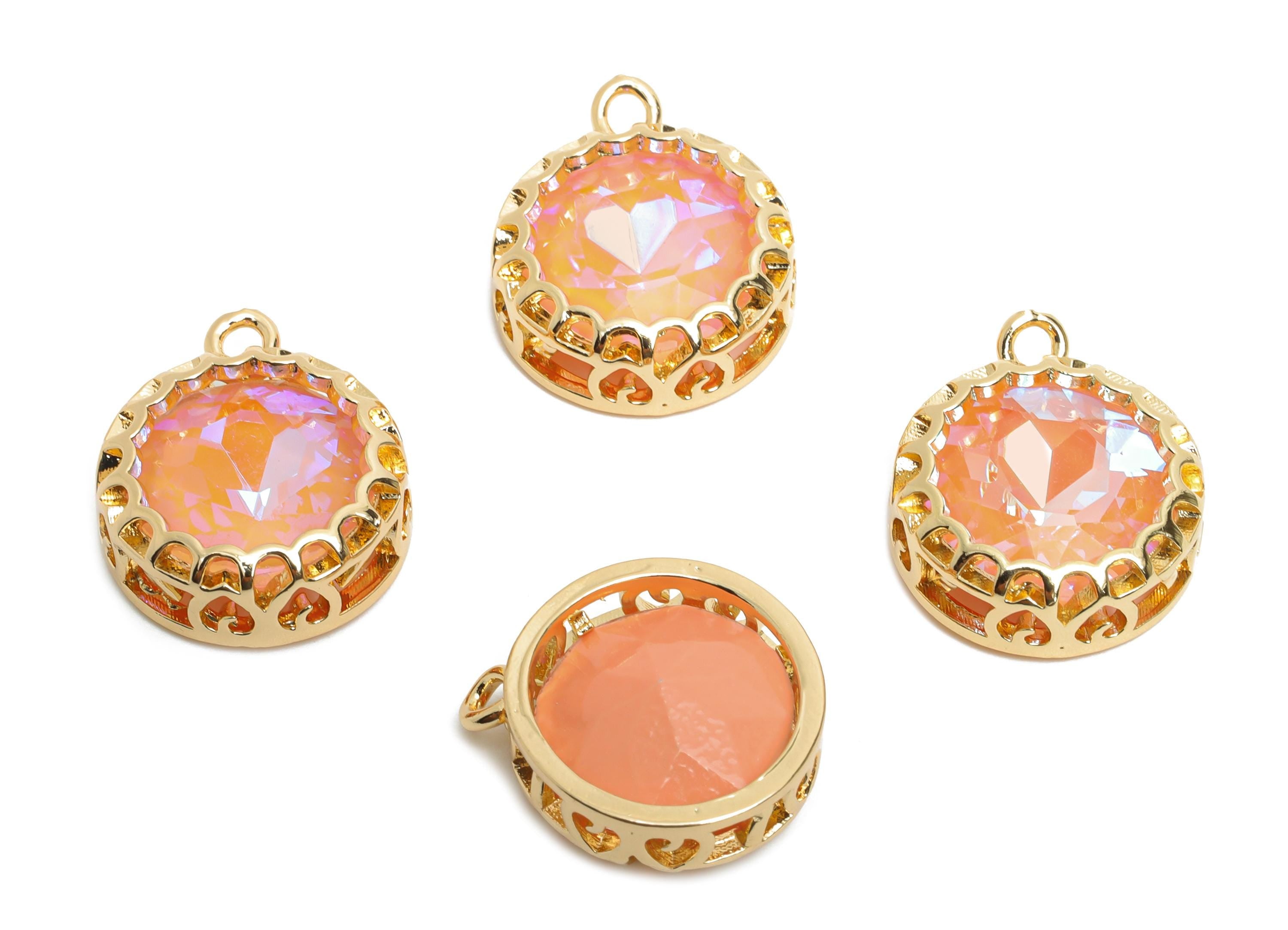 Brass Round Crystal Charms - Pink Faceted Crystal Necklace Pendant - Gold-Framed Jewelry DIY - KC Gold Plated - 17.36x14.2x5.82mm - GS1198 - DOMEDBAZAAR