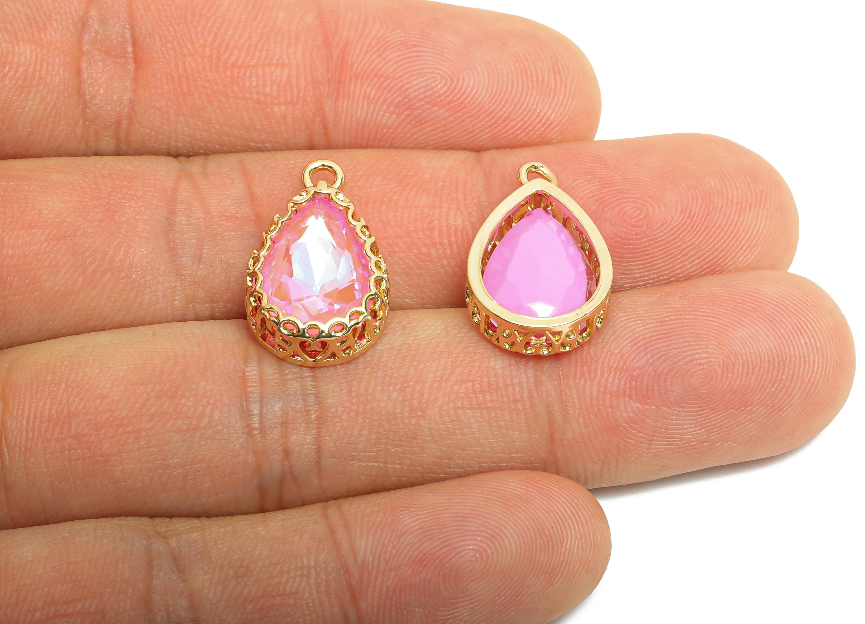 Brass Teardrop Crystal Charm - Pink Faceted Crystal Necklace Pendant - Drop Gold-Framed Jewelry DIY - KC Gold Plated - 20x12.6x5mm - GS1194 - DOMEDBAZAAR