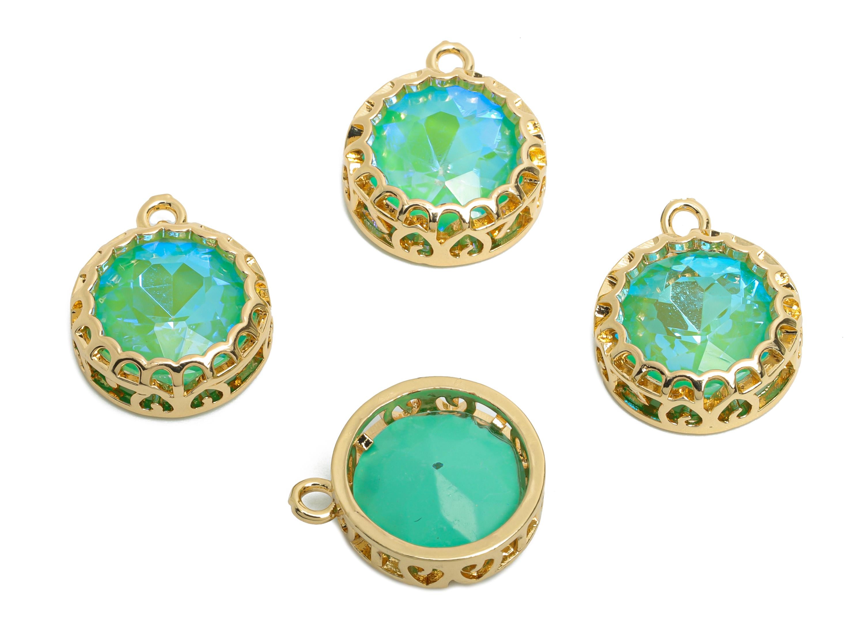 Brass Round Crystal Charms - Green Faceted Crystal Necklace Pendant - Sparkling Gold-Framed Jewelry - KC Gold Plated - 17x14x5.82mm - GS1200 - DOMEDBAZAAR