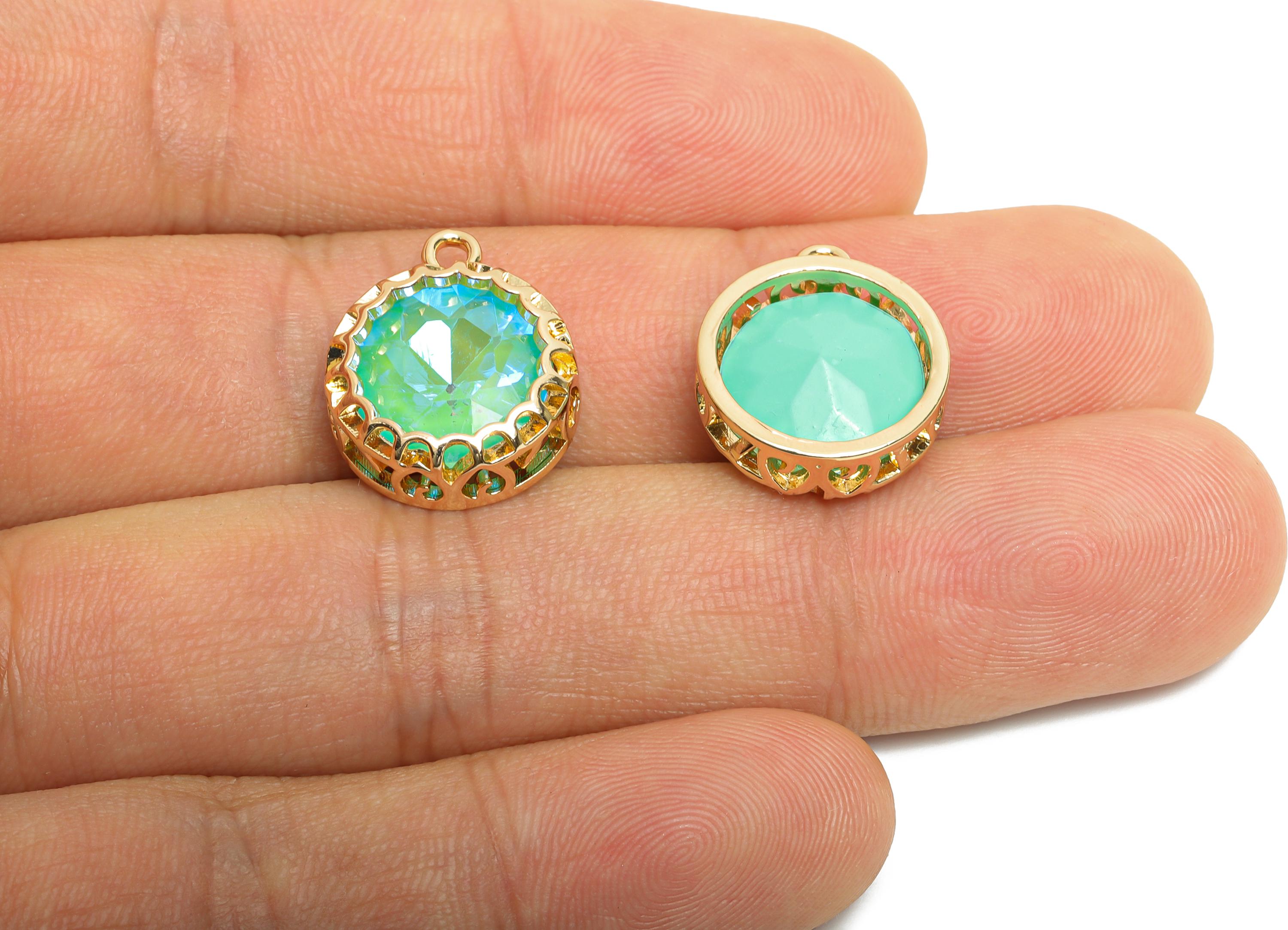 Brass Round Crystal Charms - Green Faceted Crystal Necklace Pendant - Sparkling Gold-Framed Jewelry - KC Gold Plated - 17x14x5.82mm - GS1200 - DOMEDBAZAAR