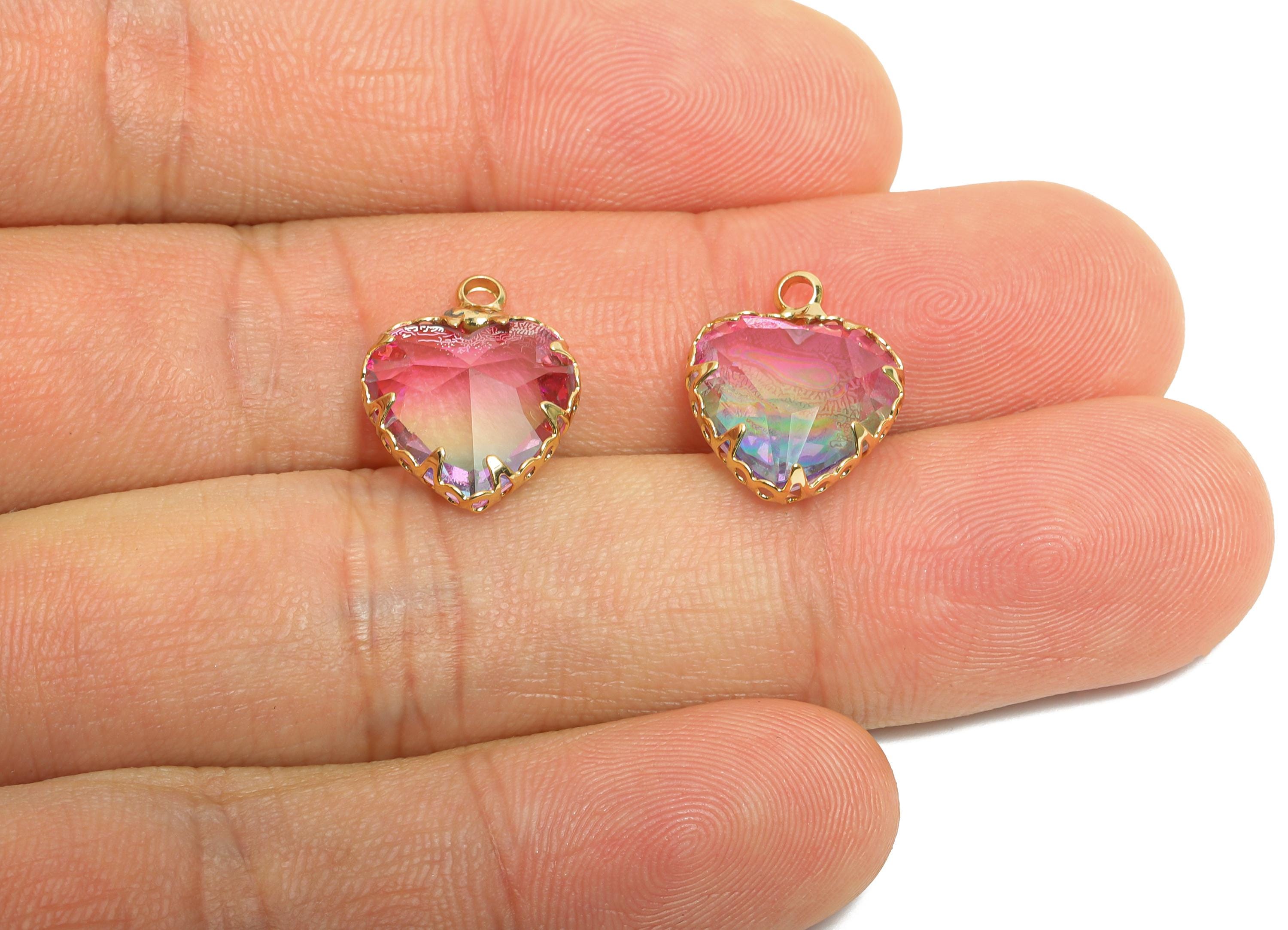 Brass Heart Crystal Bracelet Charm - Rainbow Faceted Crystal Necklace Pendant - Elegant Jewelry - KC Gold Plated - 15.6x12.5x5.6mm - GS1215 - DOMEDBAZAAR