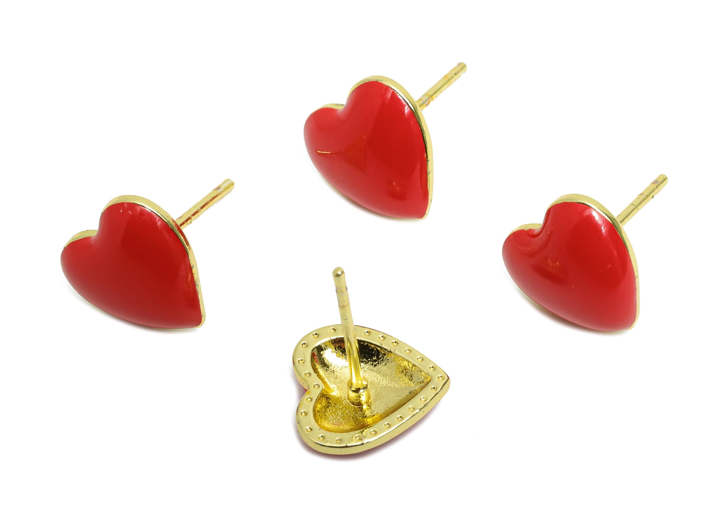 Brass Enamel Heart Stud - Red Enamel Chic Colorful Earrings Stud - Minimalism Jewelry - 18K Real Gold Plating - 9.88x9.74x0.79mm - RGP9821 - DOMEDBAZAAR