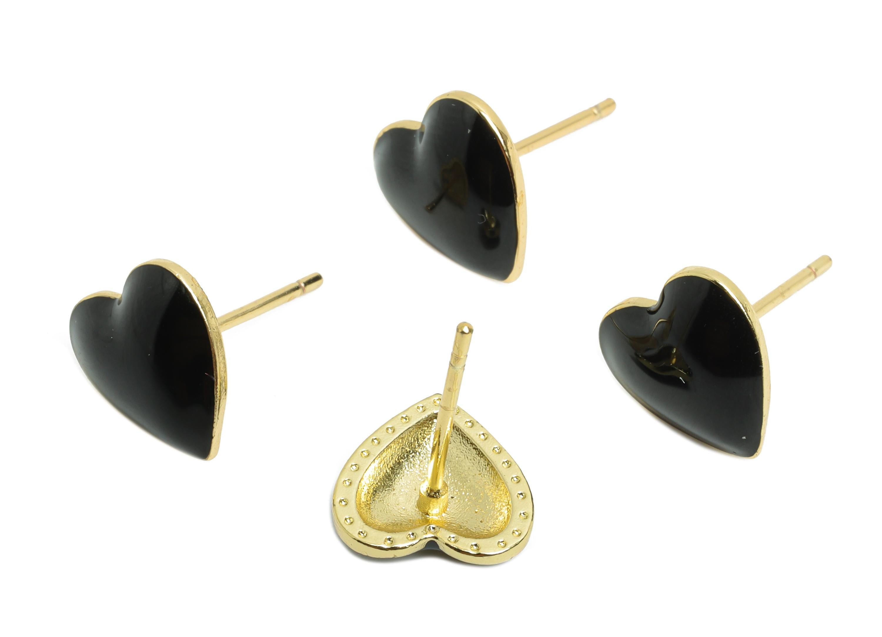 Brass Enamel Heart Stud - Black Enamel Chic Colorful Earrings Stud - Minimalism Jewelry - 18K Real Gold Plating - 9.88x9.74x0.79mm - RGP9822 - DOMEDBAZAAR