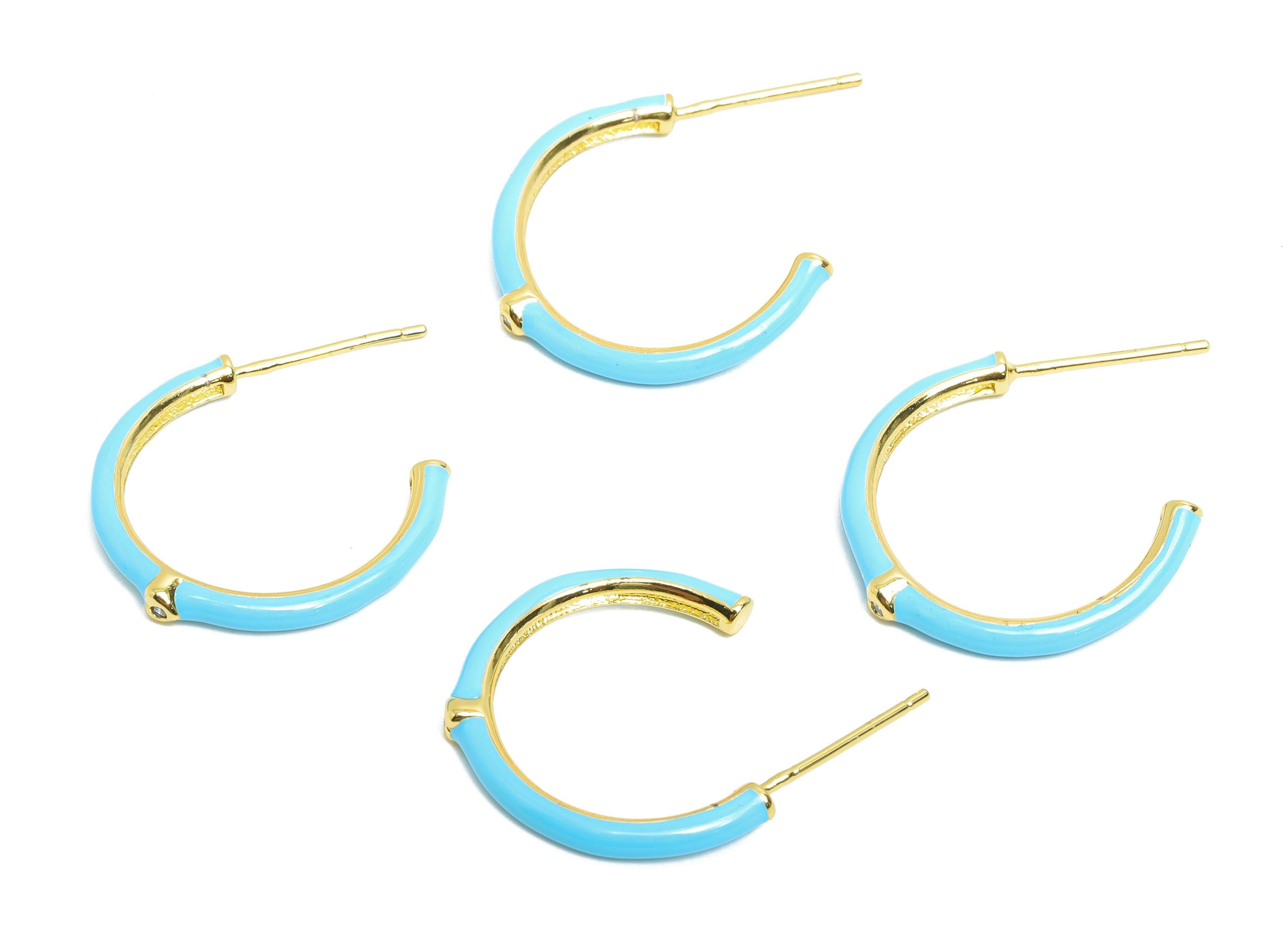 Brass Open C Hoop Stud - Blue Enamel CZ Hoop Stud Earring - Gold Minimalist Earring Post - 18K Real Gold Plated -19.17x25.33x0.77mm -RGP9744 - DOMEDBAZAAR