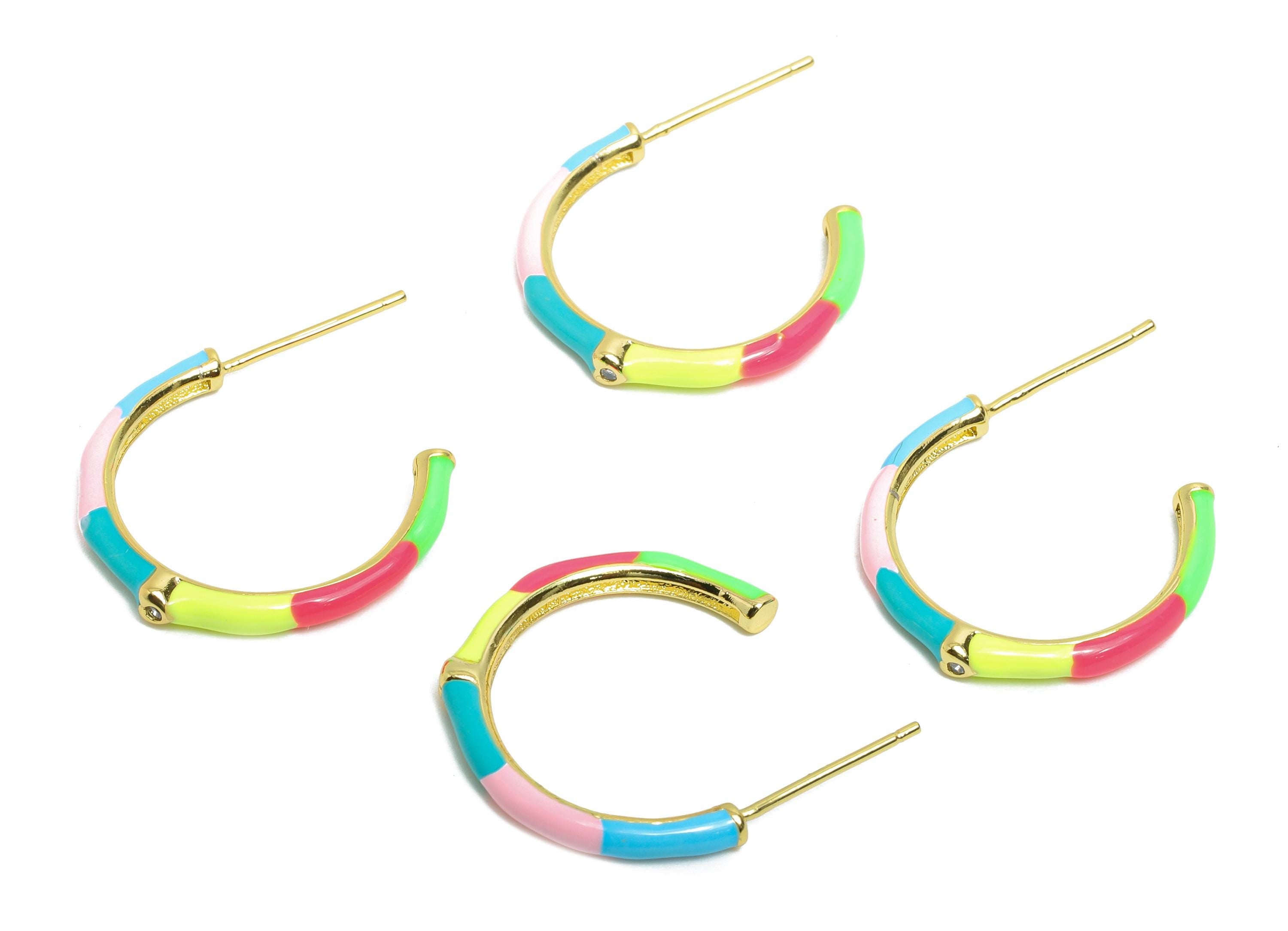 Brass Open C Hoop Stud - Rainbow Enamel CZ Hoop Stud Earring - Gold Minimalist Earring Post - 18K Gold Plated -19.17x25.33x0.77mm -RGP9746 - DOMEDBAZAAR