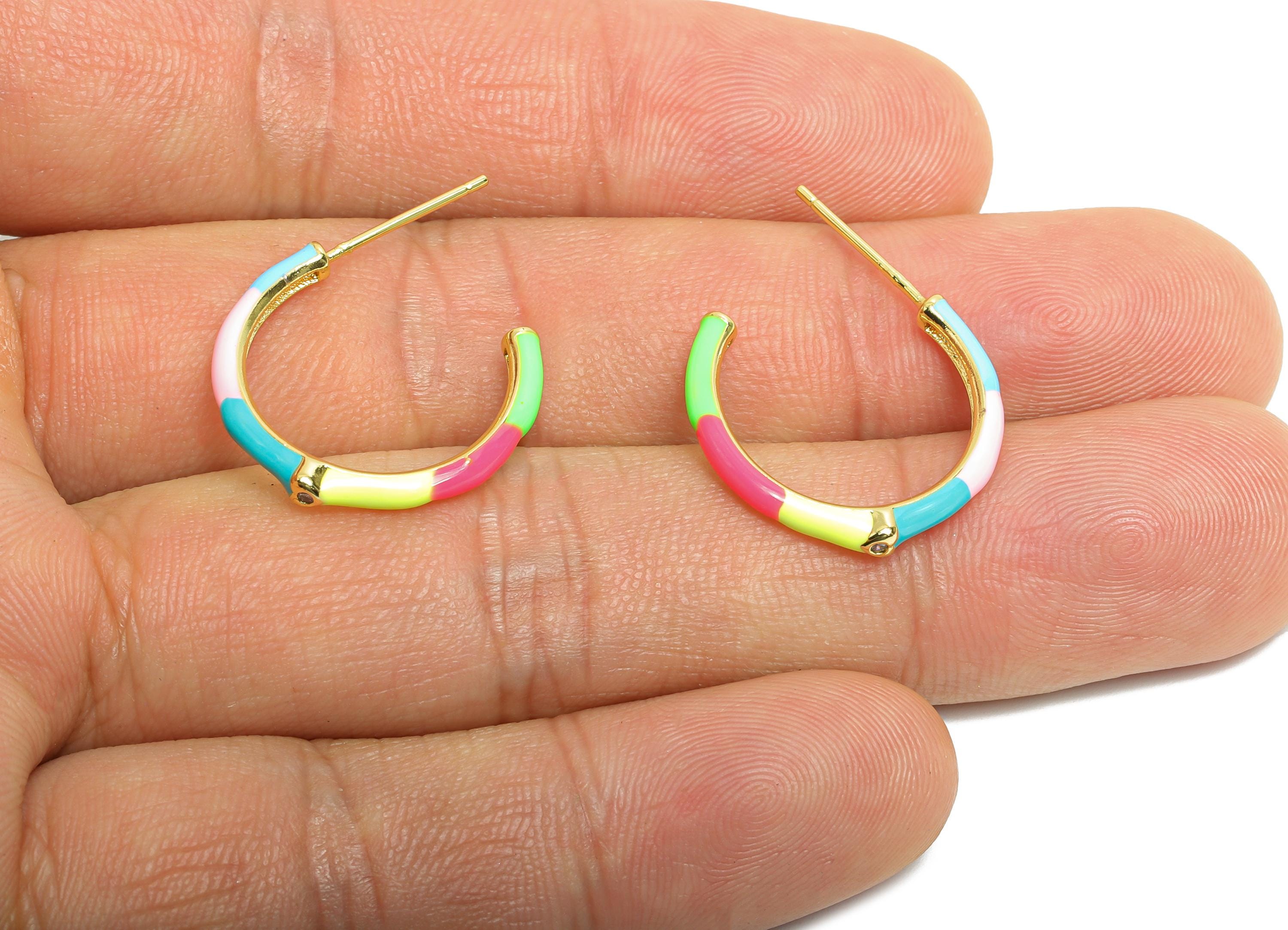 Brass Open C Hoop Stud - Rainbow Enamel CZ Hoop Stud Earring - Gold Minimalist Earring Post - 18K Gold Plated -19.17x25.33x0.77mm -RGP9746 - DOMEDBAZAAR
