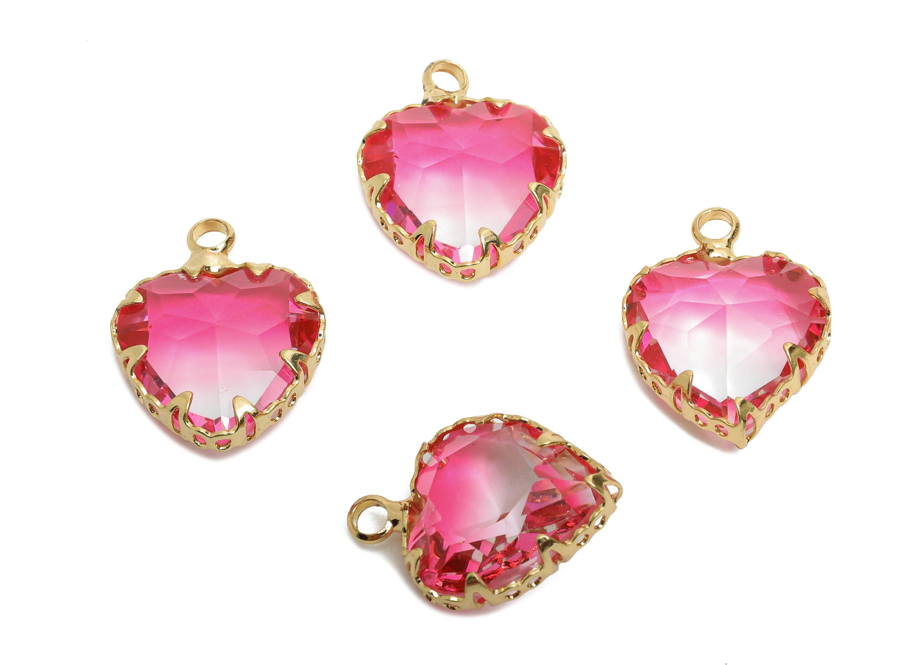 Brass Heart Crystal Bracelet Charm - Luxury Pink Faceted Crystal Pendant - Romantic Heart Jewelry Accent - KC Gold Plated - 15x12x5mm-GS1217 - DOMEDBAZAAR