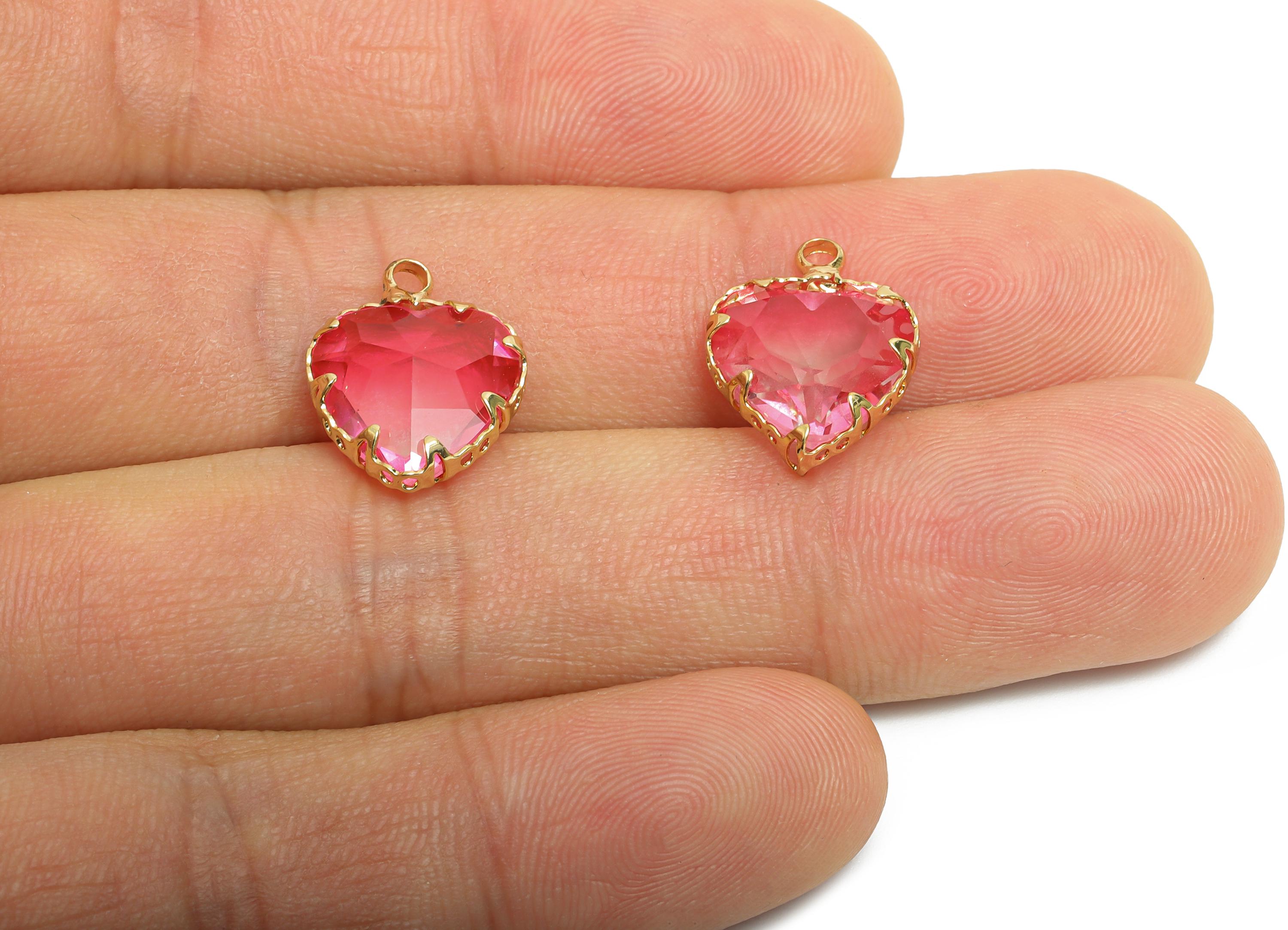Brass Heart Crystal Bracelet Charm - Luxury Pink Faceted Crystal Pendant - Romantic Heart Jewelry Accent - KC Gold Plated - 15x12x5mm-GS1217 - DOMEDBAZAAR