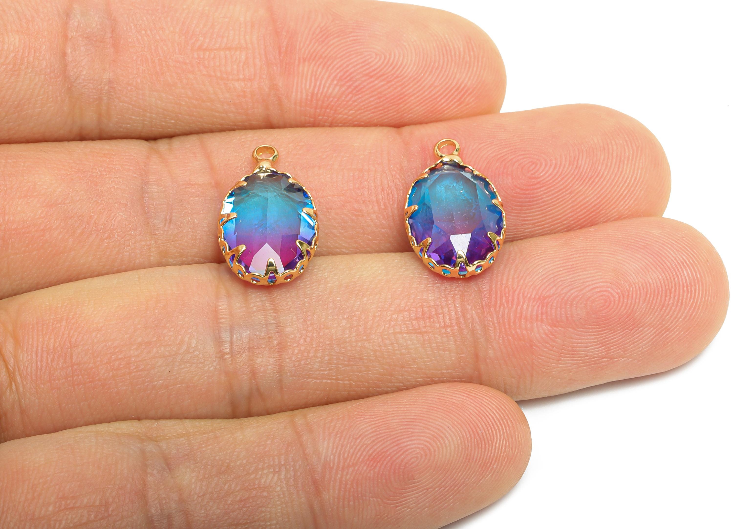 Brass Oval Crystal Charm - Blue and Pink Gradient Pendant - Sparking Lustrous Crystal Focal Charm - KC Gold Plated - 18x10.58x5mm - GS1255 - DOMEDBAZAAR
