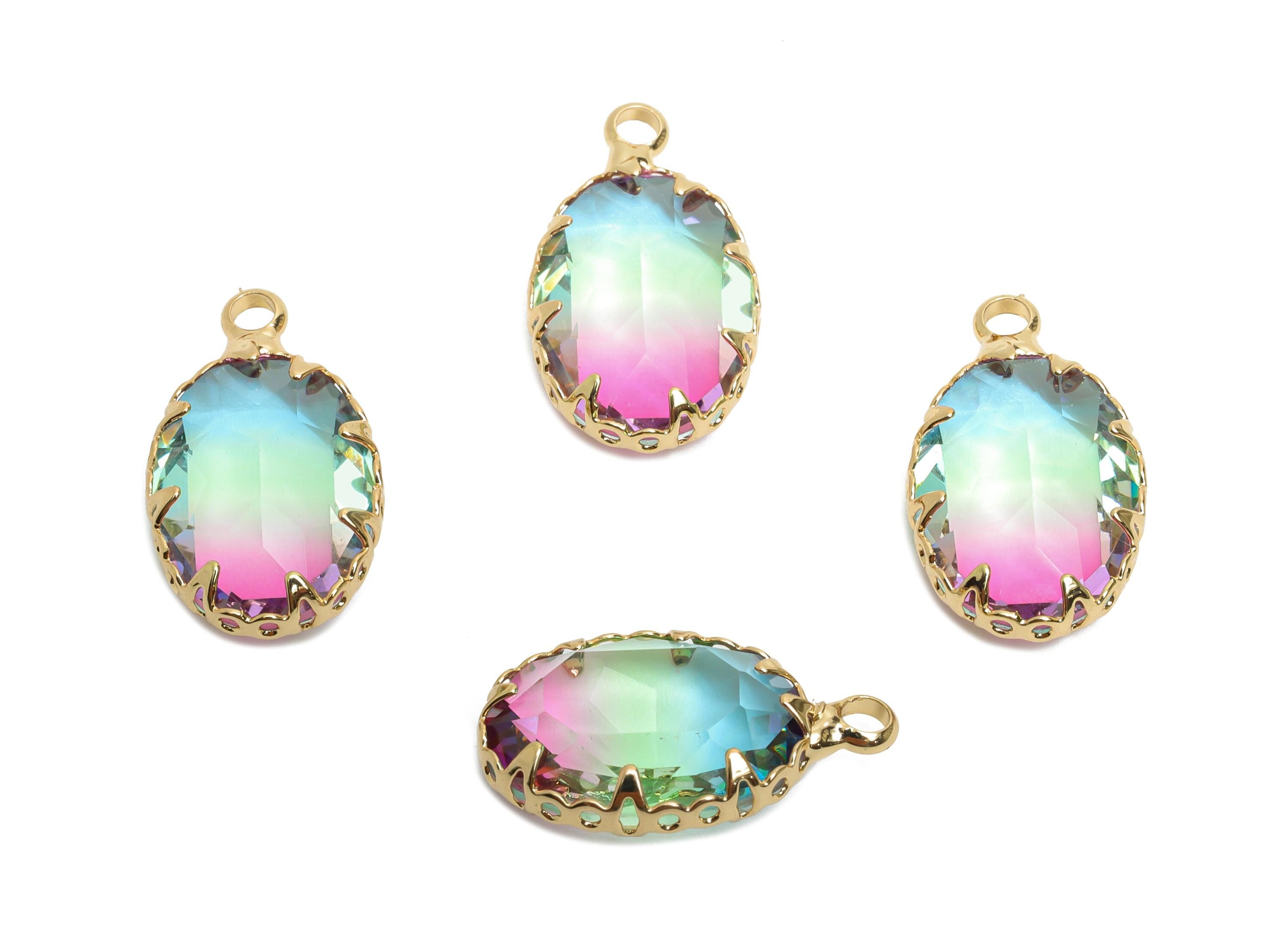 Brass Oval Crystal Charm - Brass Colorful Gradient Pendant - Sparking Lustrous Crystal Focal Charm - KC Gold Plated - 18x10.58x5mm - GS1252 - DOMEDBAZAAR