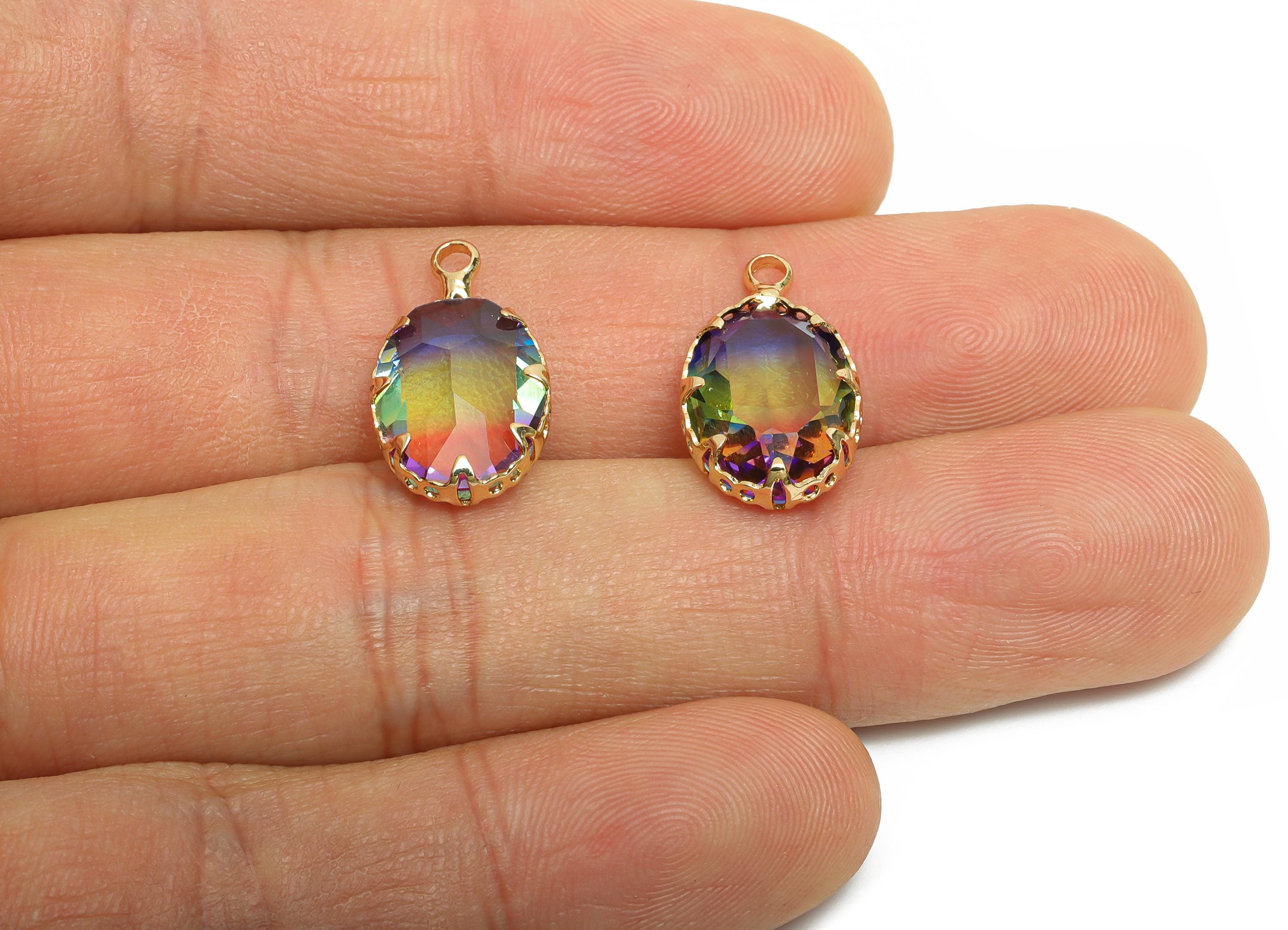 Brass Oval Crystal Charm - Brass Rainbow Gradient Pendant - Sparking Lustrous Crystal Focal Charm - KC Gold Plated - 18x10.58x5mm - GS1254 - DOMEDBAZAAR